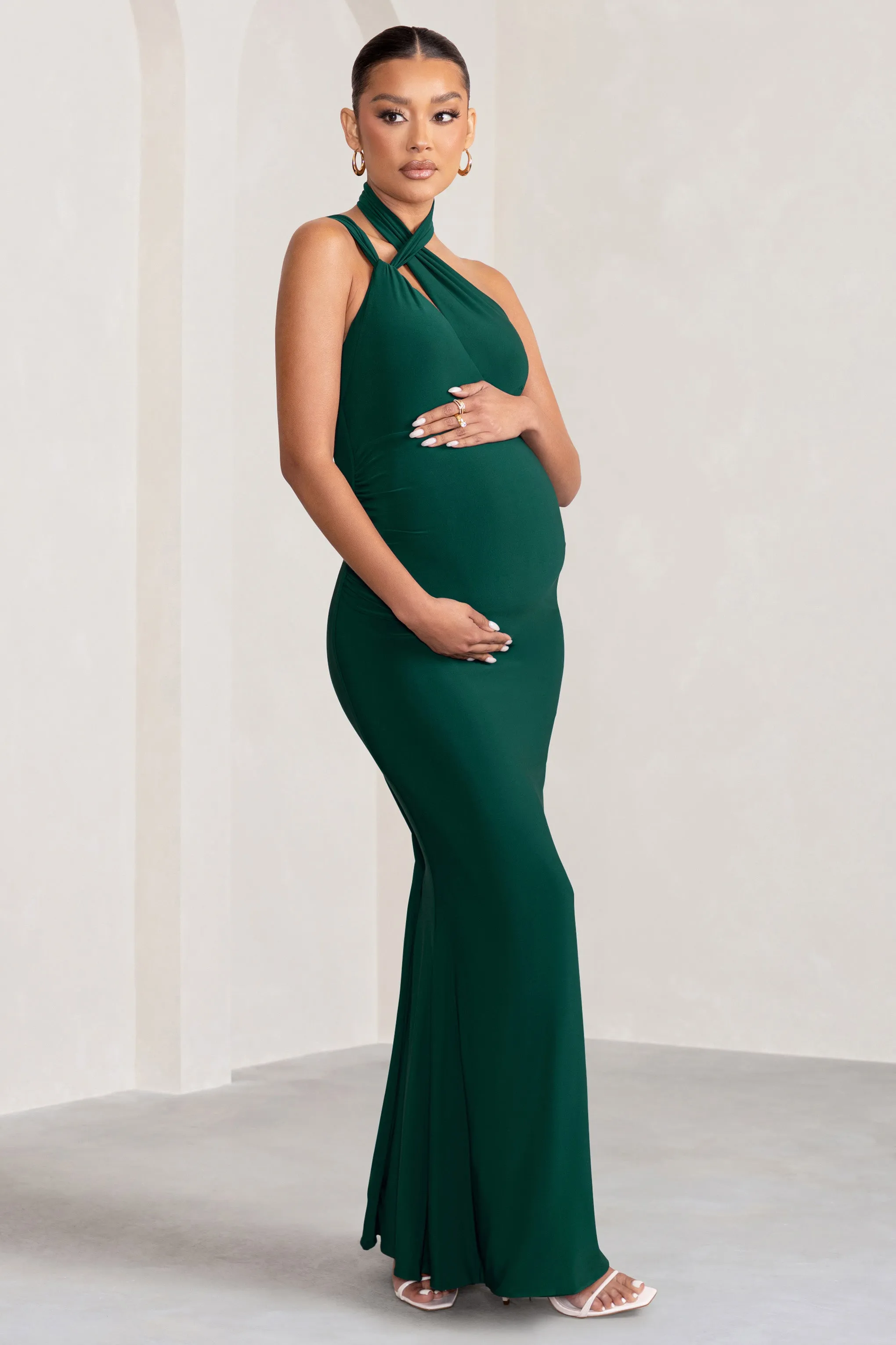 Alba | Bottle Green Maternity Halter Asymmetric Maxi Dress with Cut Out sold by Club L London product image thumbnail 4