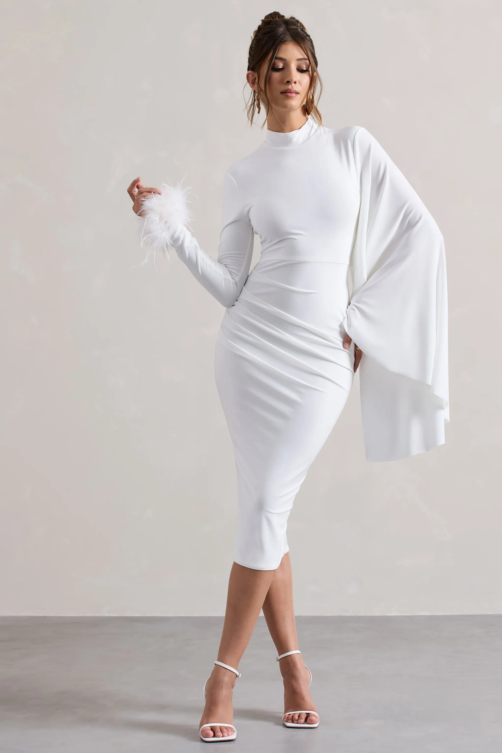 Tamika | White High-Neck Cape-Sleeve Midi Dress With Feathers sold by Club L London product image thumbnail 5