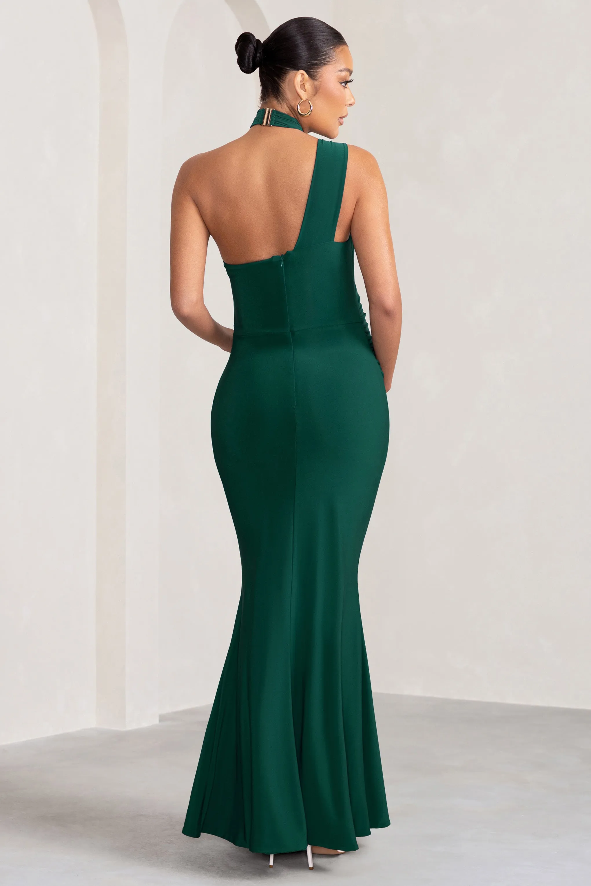 Alba | Bottle Green Maternity Halter Asymmetric Maxi Dress with Cut Out sold by Club L London product image thumbnail 2