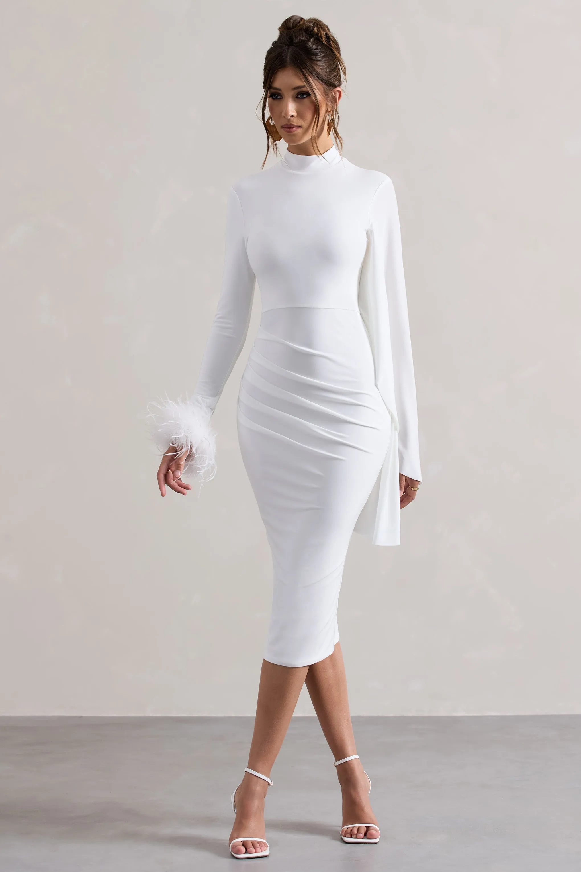 Tamika | White High-Neck Cape-Sleeve Midi Dress With Feathers sold by Club L London product image thumbnail 4