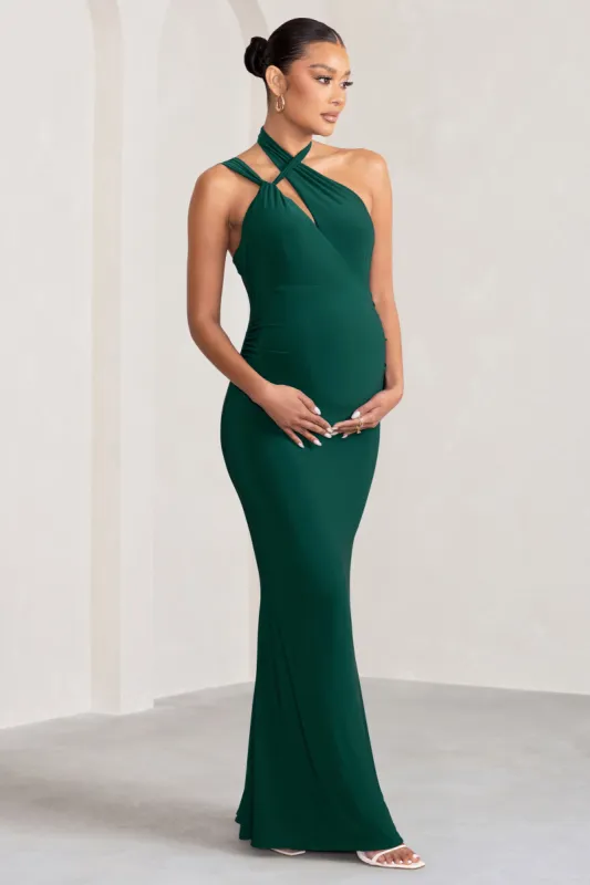 Alba | Bottle Green Maternity Halter Asymmetric Maxi Dress with Cut Out sold by Club L London