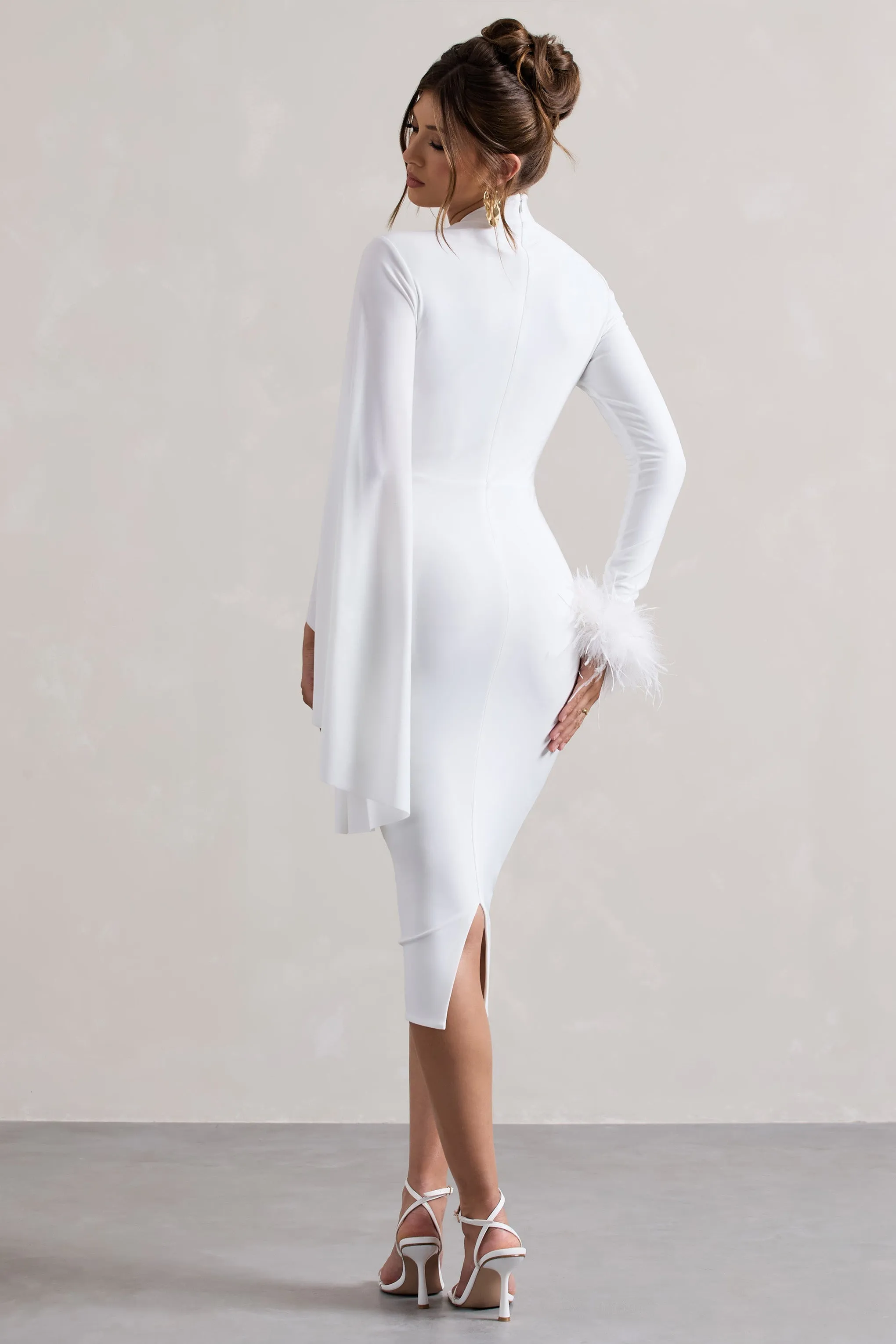 Tamika | White High-Neck Cape-Sleeve Midi Dress With Feathers sold by Club L London product image thumbnail 2
