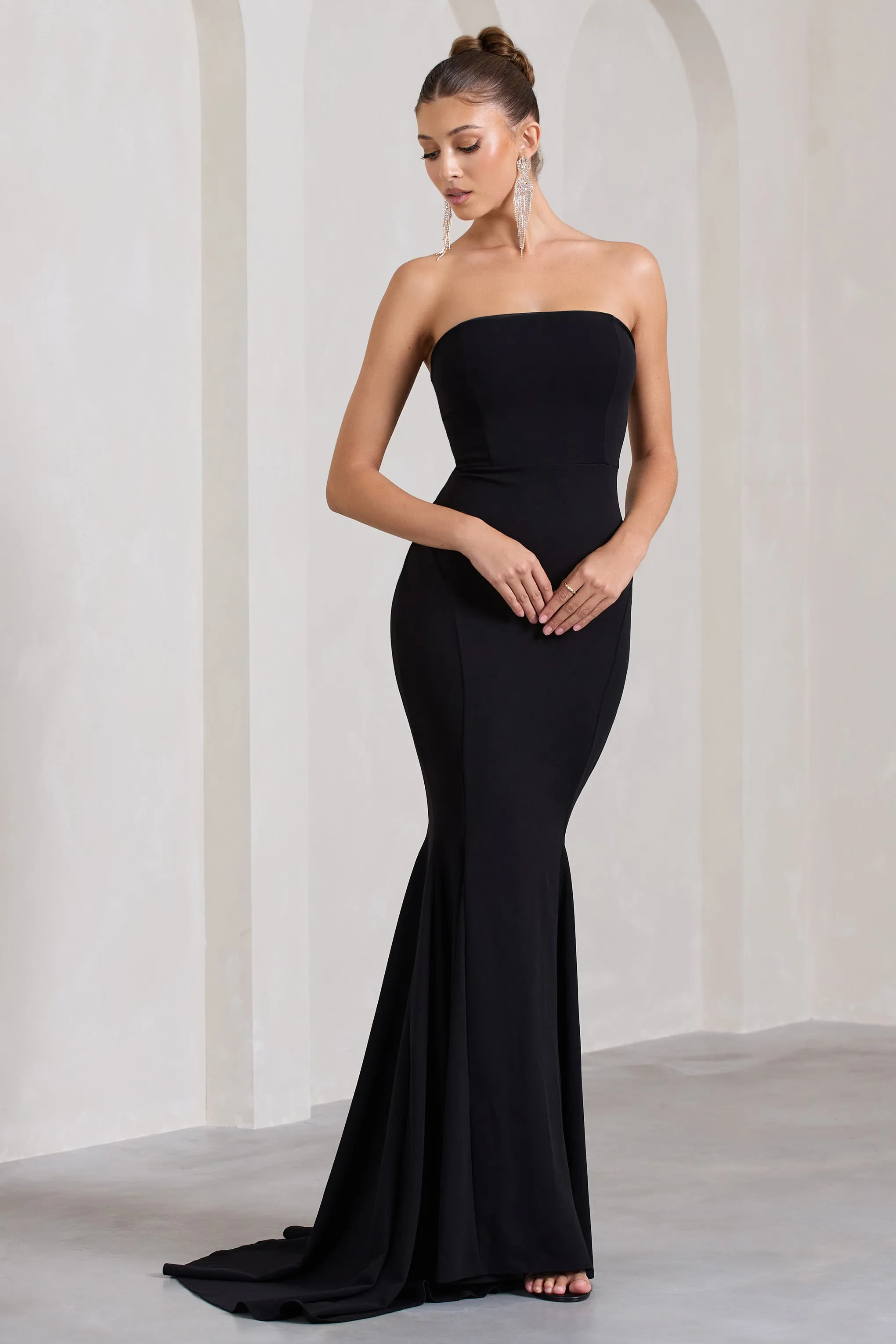 Impress Me | Black Strapless Bandeau Fishtail Maxi Dress sold by Club L London