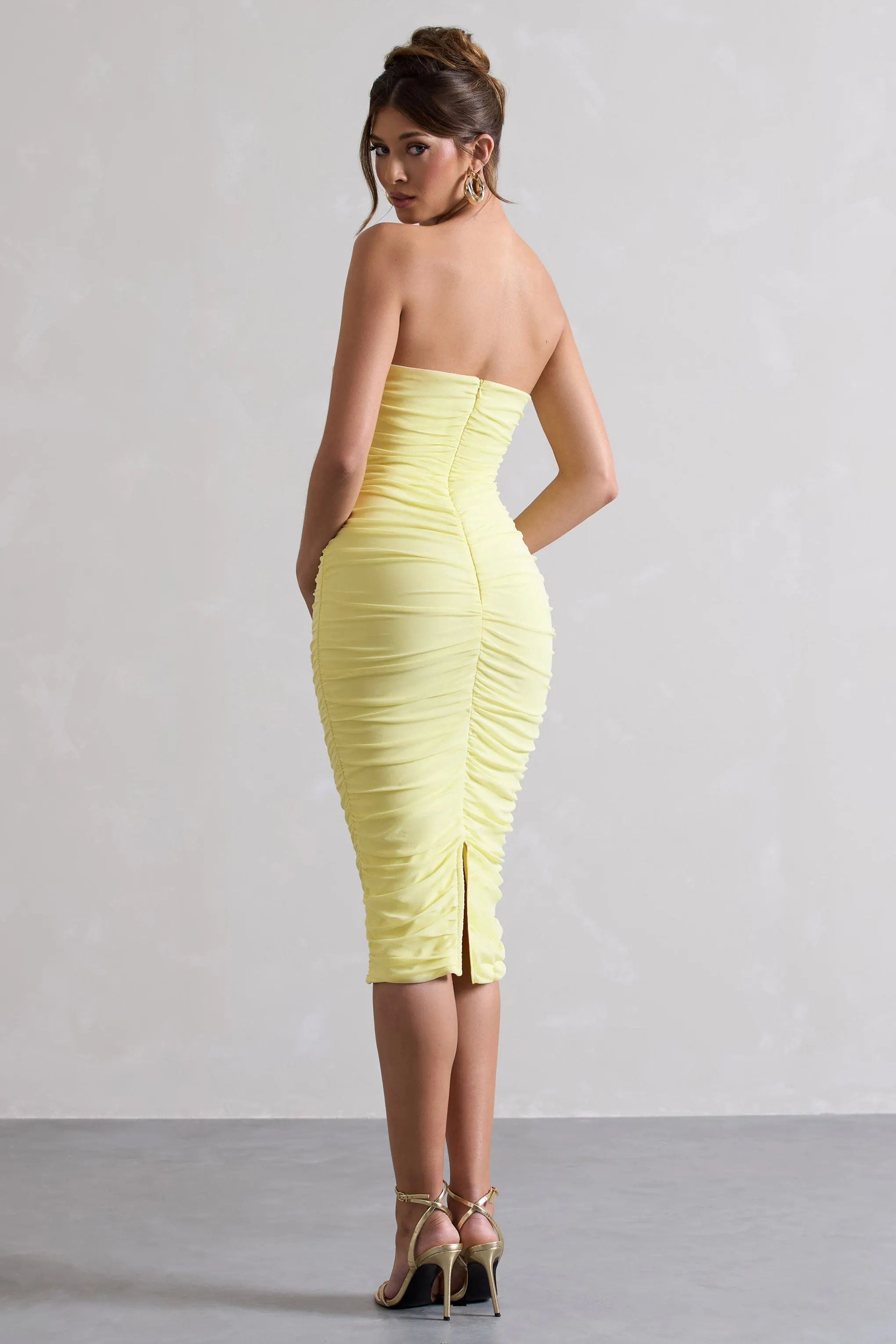 My Girl | Lemon Strapless Bodycon Ruched Mesh Midi Dress sold by Club L London product image thumbnail 2