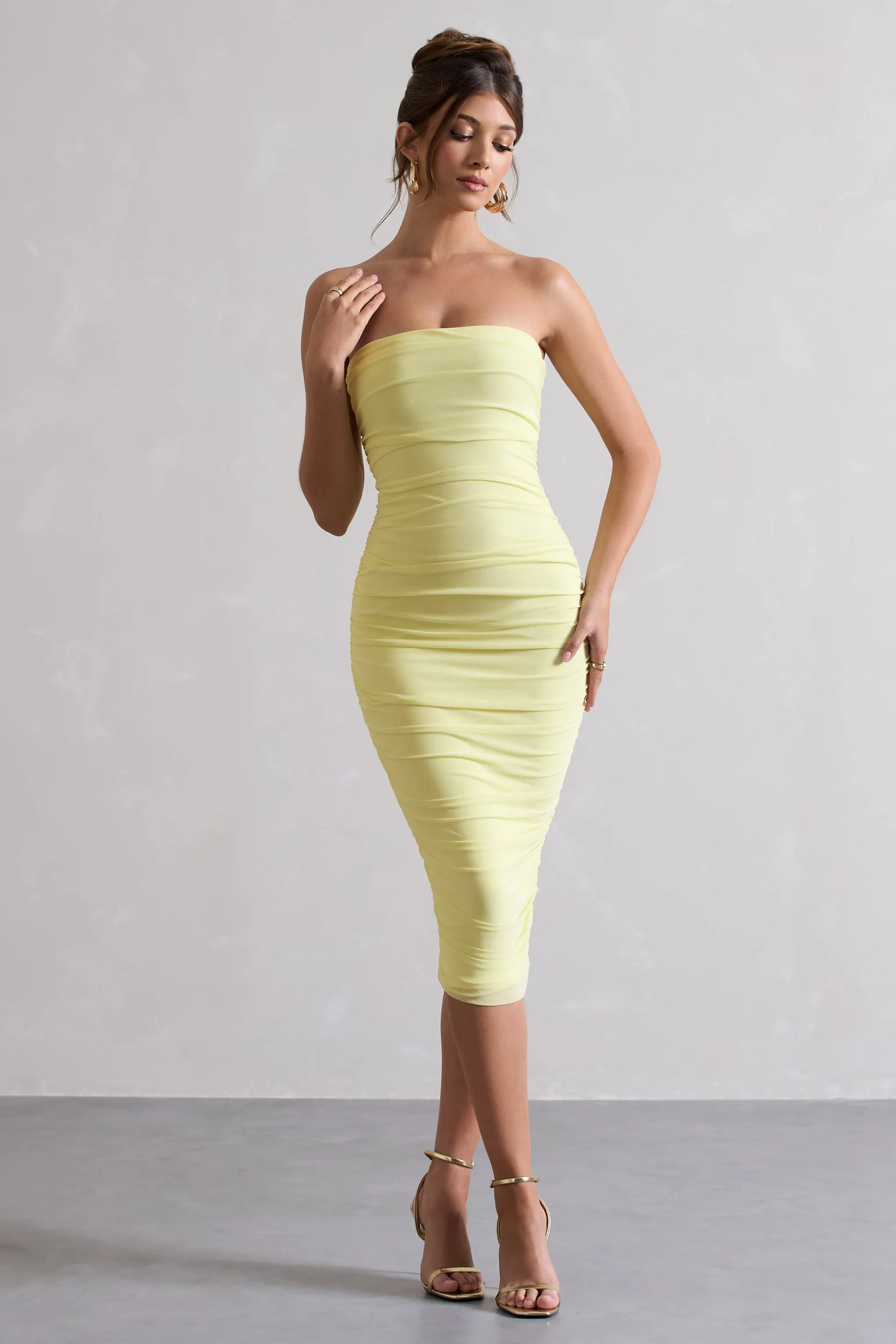 My Girl | Lemon Strapless Bodycon Ruched Mesh Midi Dress sold by Club L London