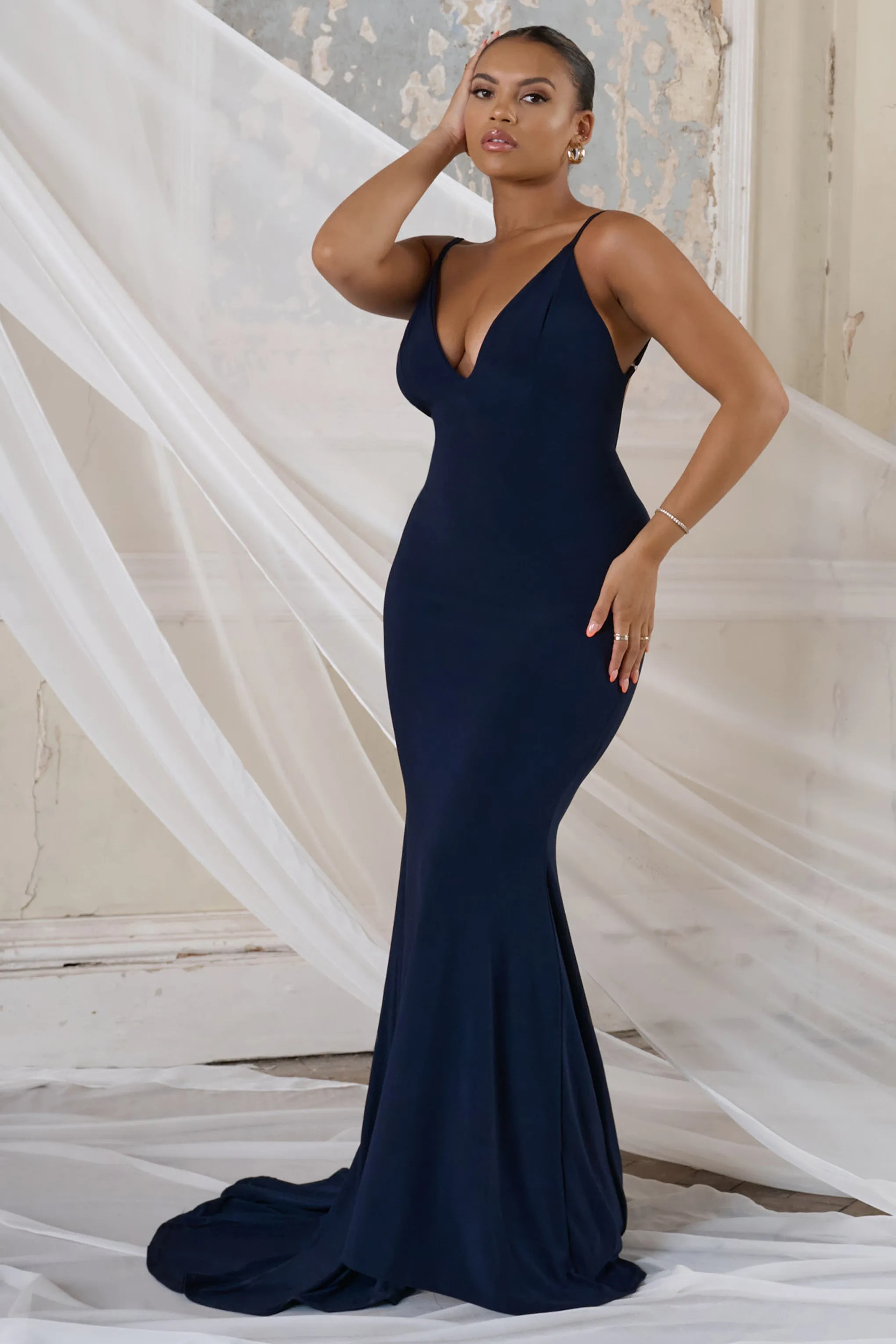 Irreplaceable | Navy Backless Bum Ruched Fishtail Maxi Dress sold by Club L London product image thumbnail 4