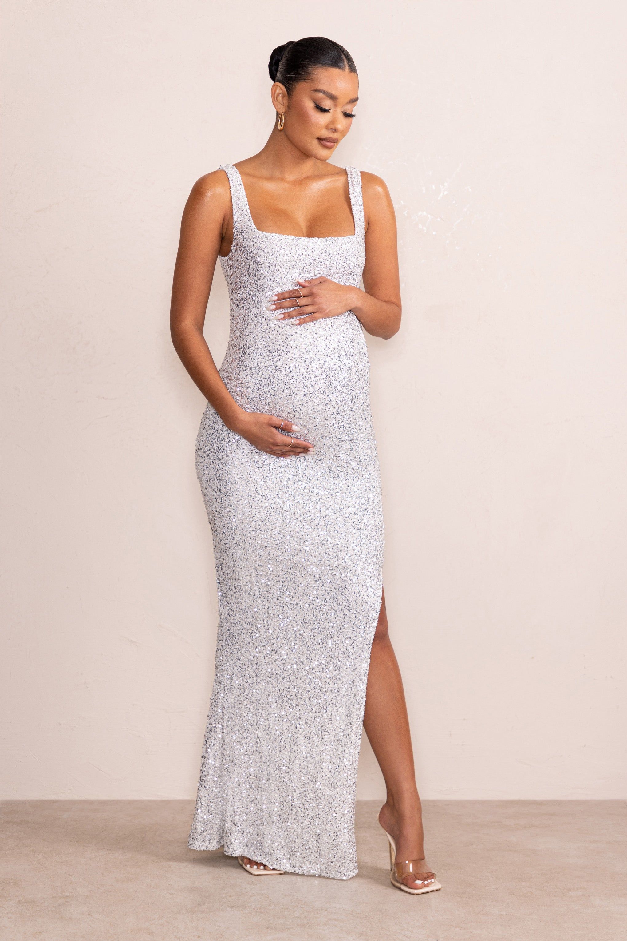 Sparkle Mama | Silver Maternity Sequin Split Hem Maxi Dress sold by Club L London