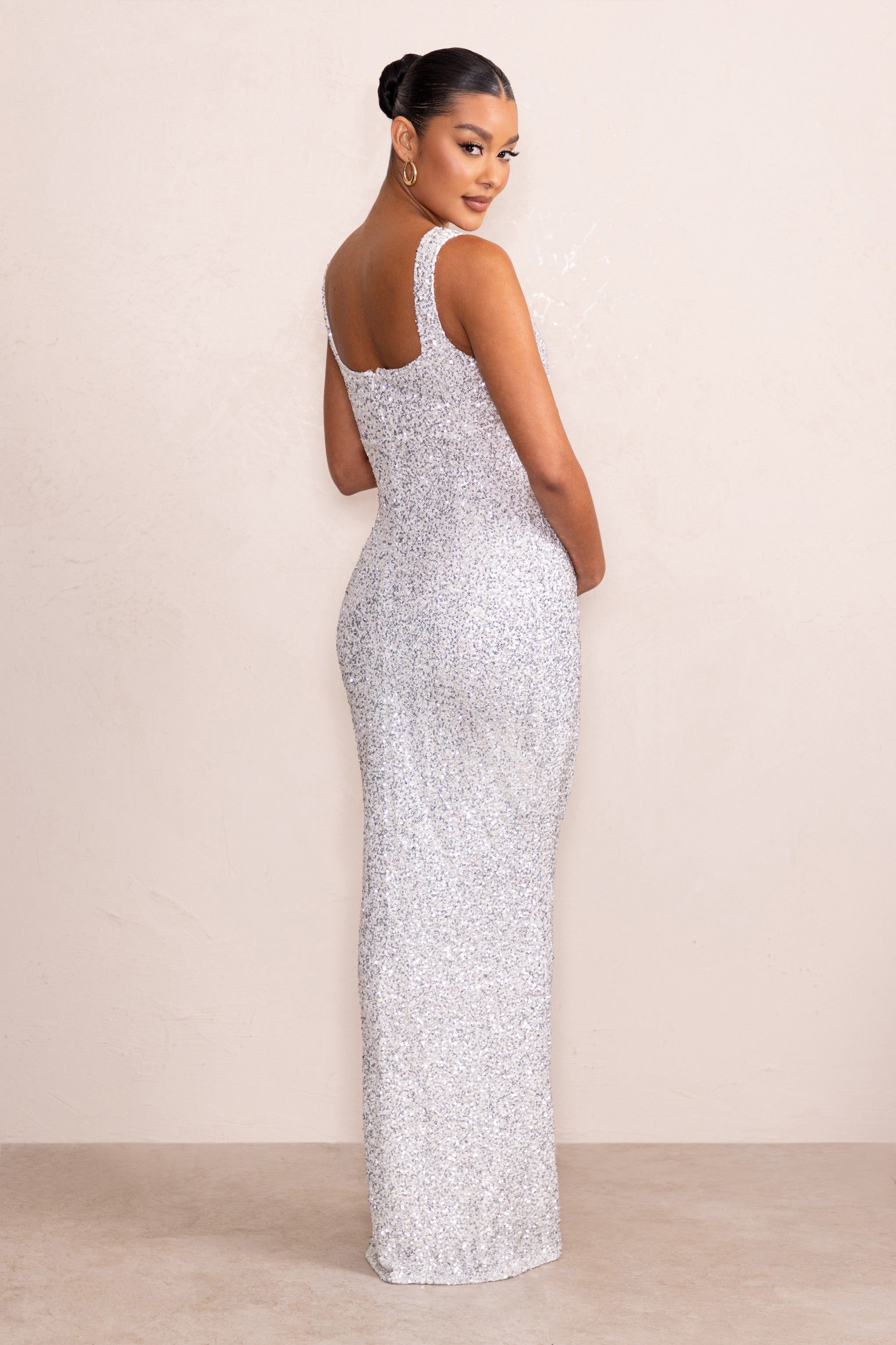 Sparkle Mama | Silver Maternity Sequin Split Hem Maxi Dress sold by Club L London product image thumbnail 2