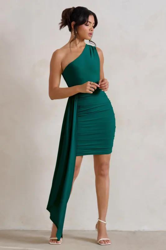 Charlie | Bottle Green One Shoulder Ruched Mini Dress With Statement Drape sold by Club L London