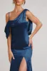 Jayne | Navy Satin Asymmetric Draped Split Maxi Dress sold by Club L London