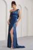 Jayne | Navy Satin Asymmetric Draped Split Maxi Dress sold by Club L London