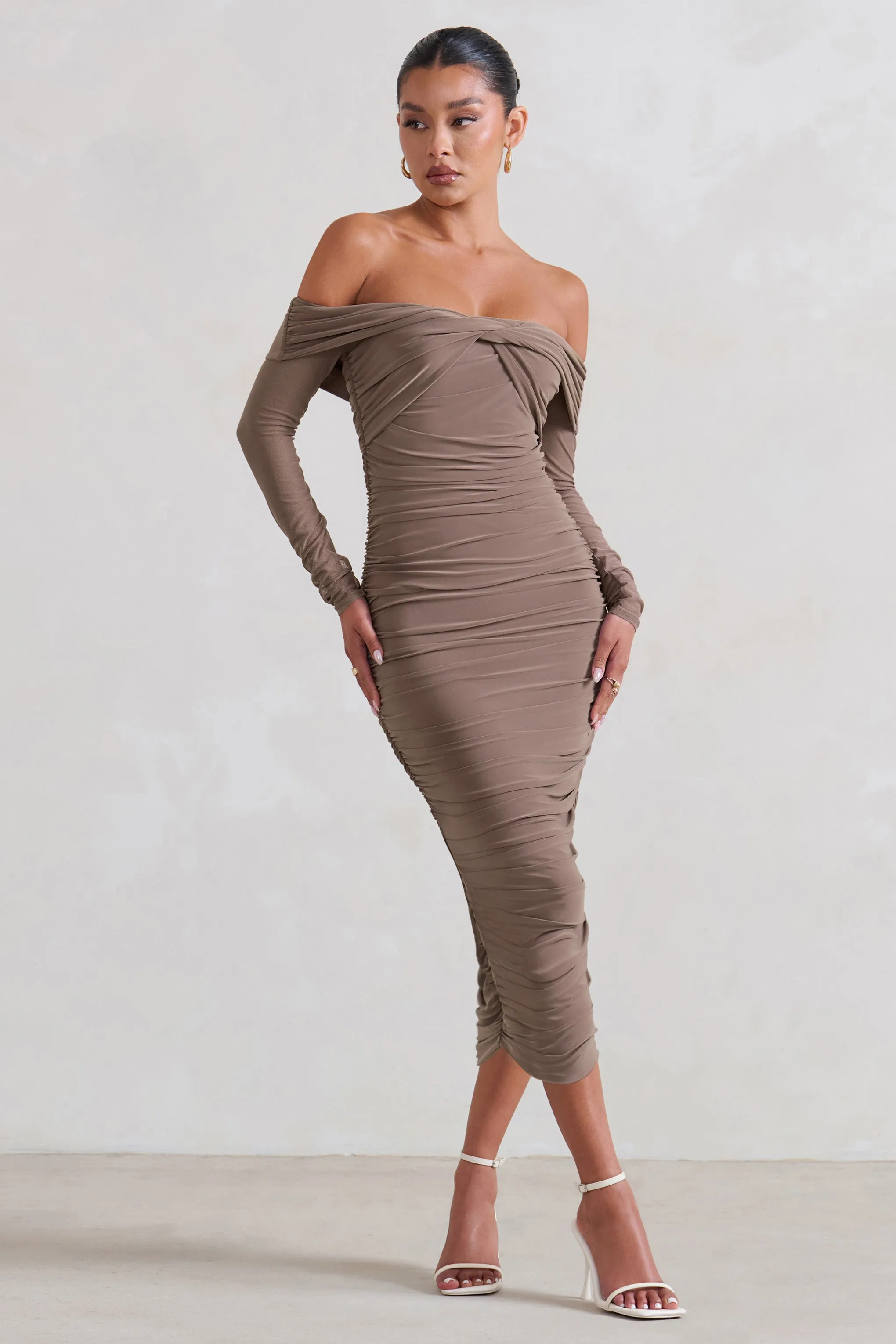 Neva | Mocha Bardot Twist Midi Dress sold by Club L London