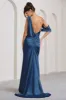Jayne | Navy Satin Asymmetric Draped Split Maxi Dress sold by Club L London