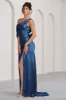 Jayne | Navy Satin Asymmetric Draped Split Maxi Dress sold by Club L London