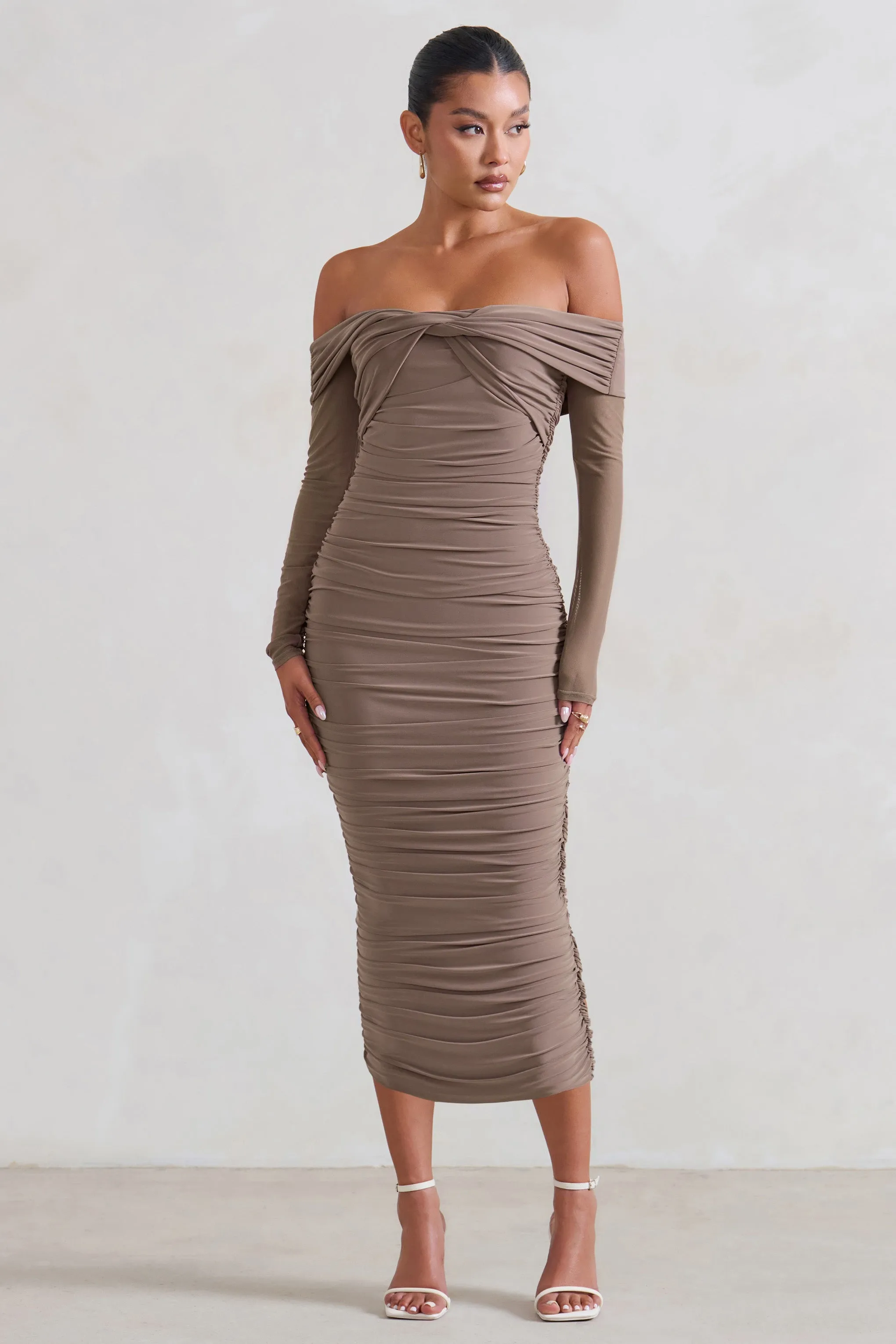 Neva | Mocha Bardot Twist Midi Dress sold by Club L London product image thumbnail 4