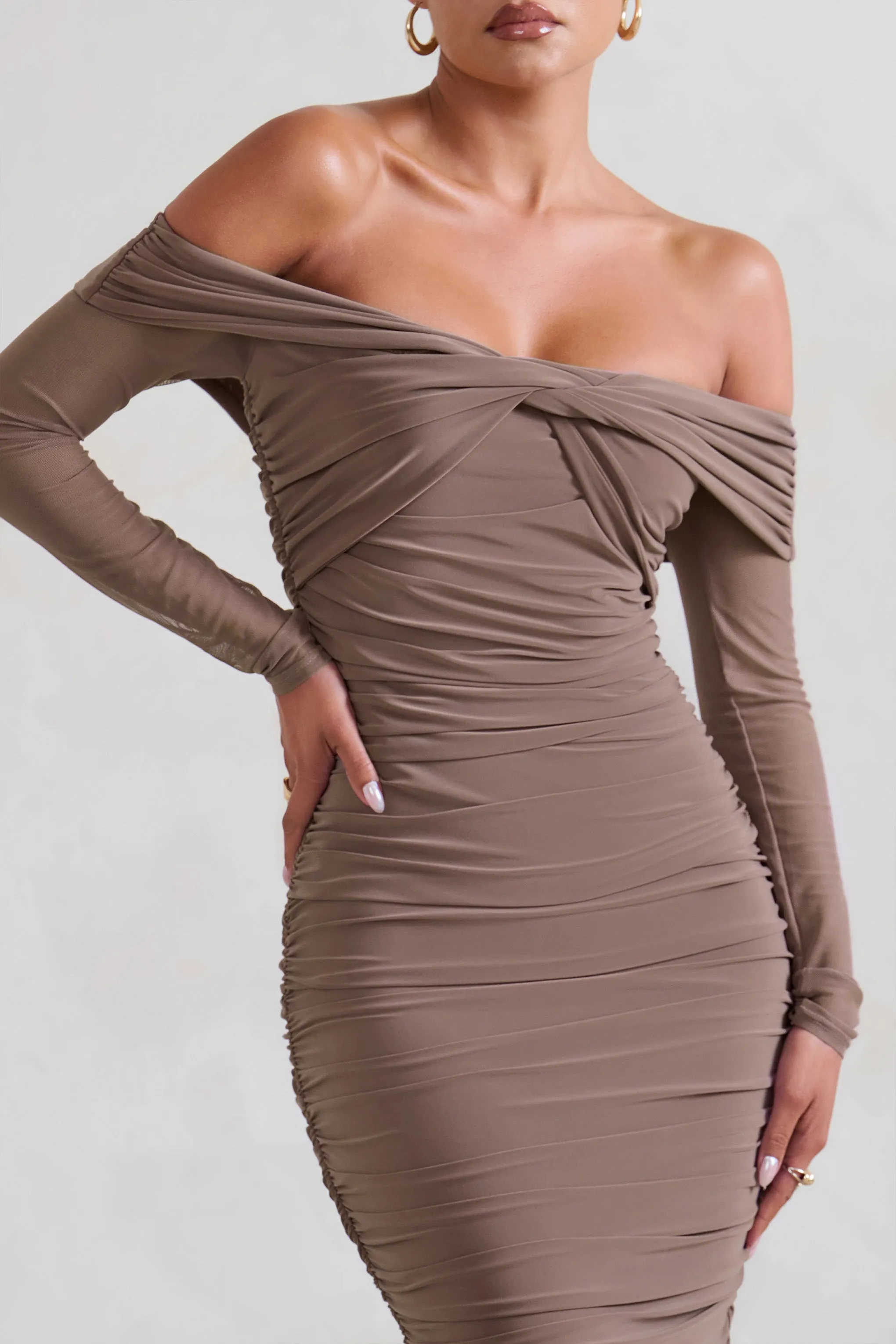 Neva | Mocha Bardot Twist Midi Dress sold by Club L London product image thumbnail 3