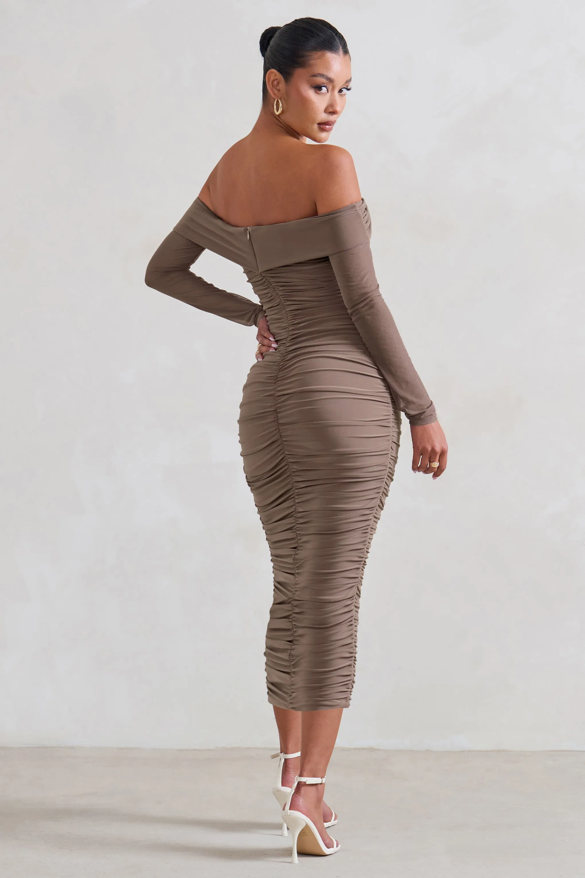 Neva | Mocha Bardot Twist Midi Dress sold by Club L London product image thumbnail 2