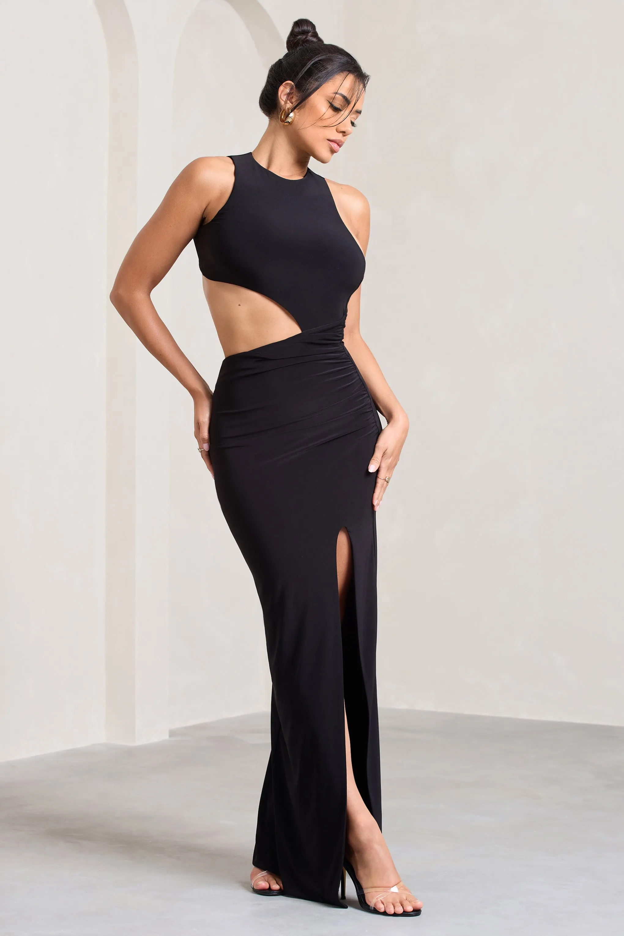 Ashley | Black Asymmetric Sleeveless Cut-Out Split Maxi Dress sold by Club L London product image thumbnail 4