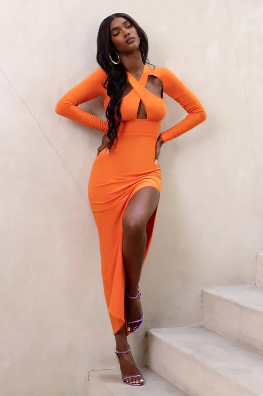 Athens | Orange Halter Neck Cut Out Maxi Dress With Thigh Split sold by Club L London