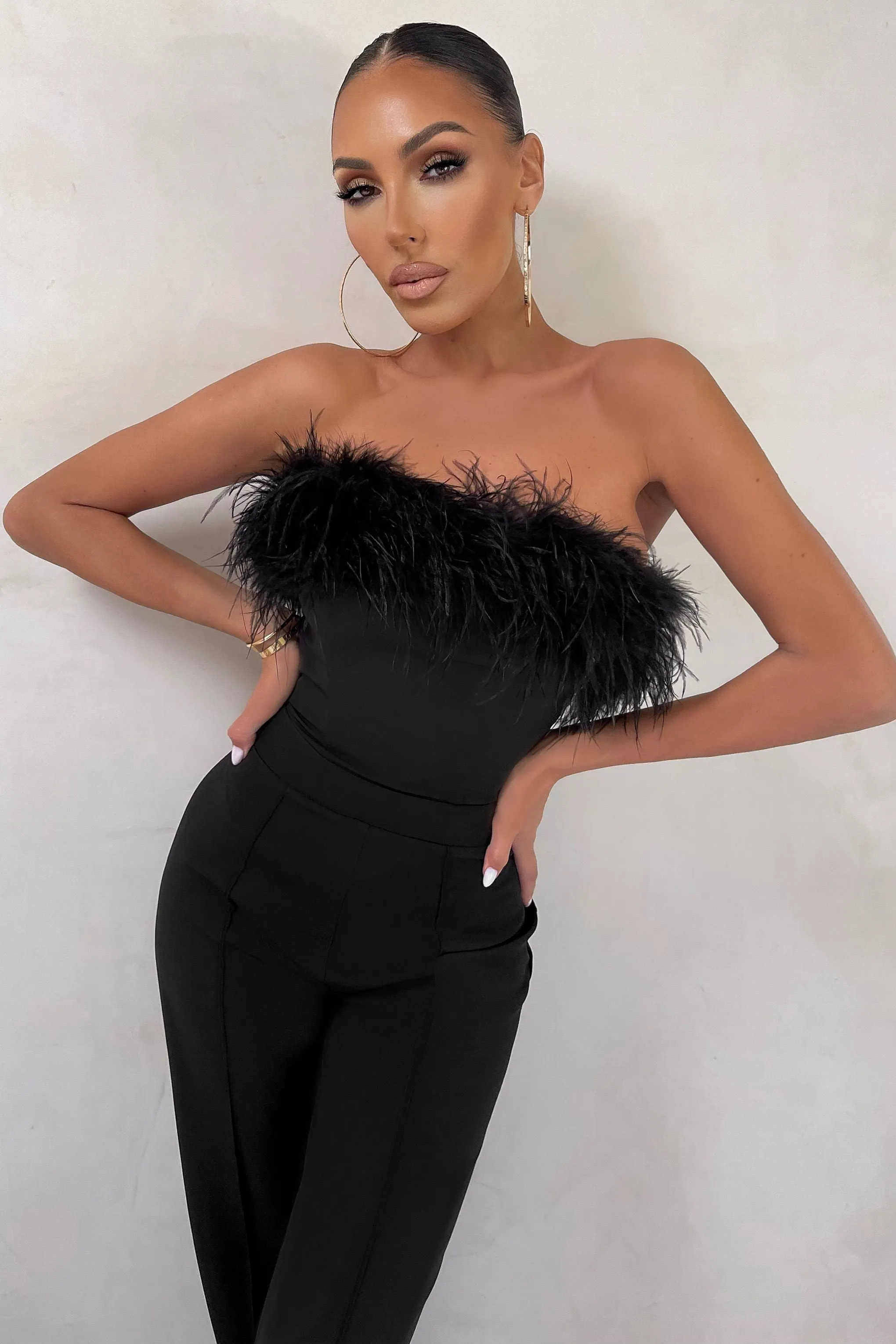 First Class | Black Bandeau Feather Wide Leg Jumpsuit sold by Club L London product image thumbnail 2