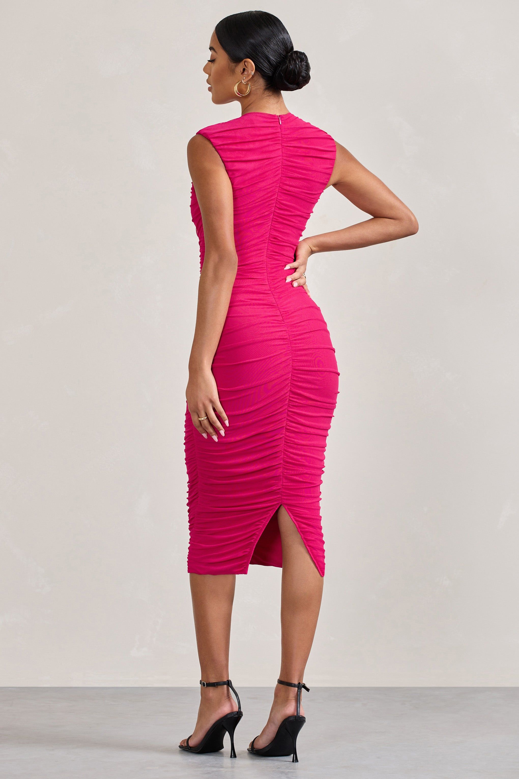 Alight | Fuchsia Pink Ruched Mesh Sleeveless Bodycon Midi Dress sold by Club L London product image thumbnail 2