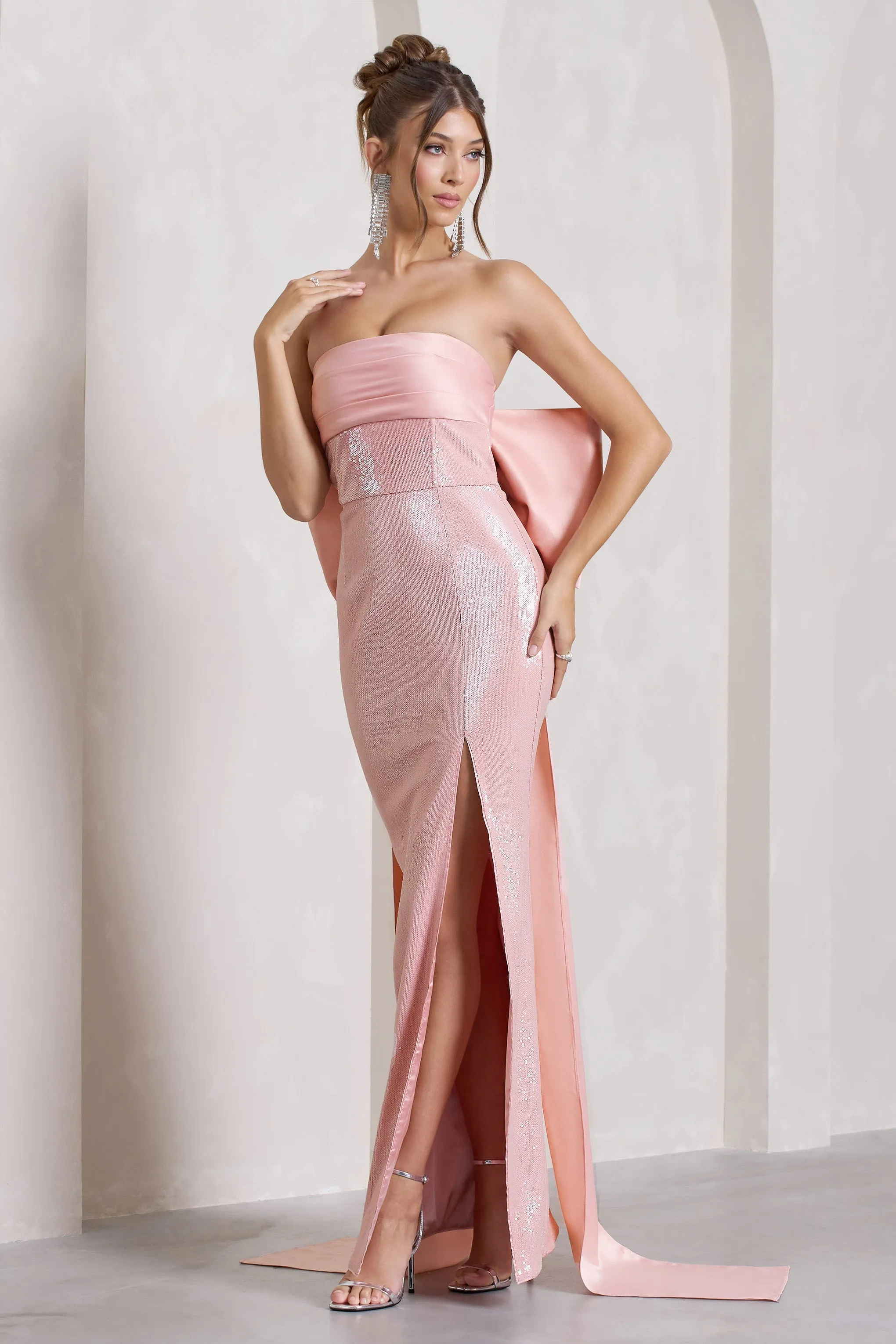 To You | Pink Sequin Bandeau Split Maxi Dress With Oversized Bow sold by Club L London product image thumbnail 5