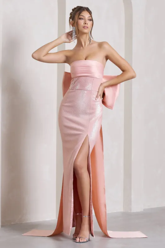 To You | Pink Sequin Bandeau Split Maxi Dress With Oversized Bow sold by Club L London