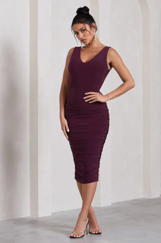Out Of Love | Plum Ruched Bodycon Plunge-Neck Midi Dress sold by Club L London