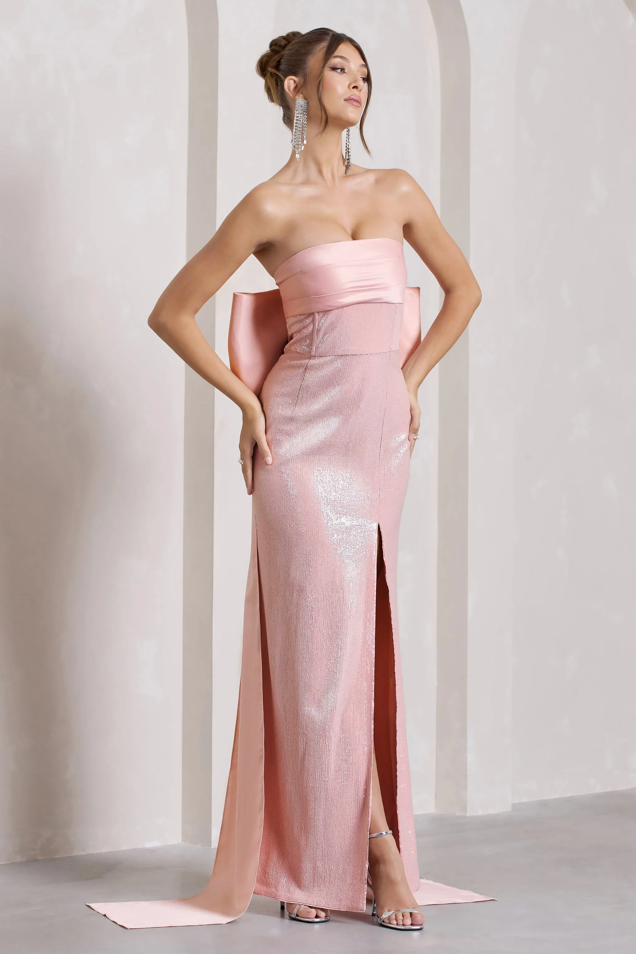 To You | Pink Sequin Bandeau Split Maxi Dress With Oversized Bow sold by Club L London product image thumbnail 4