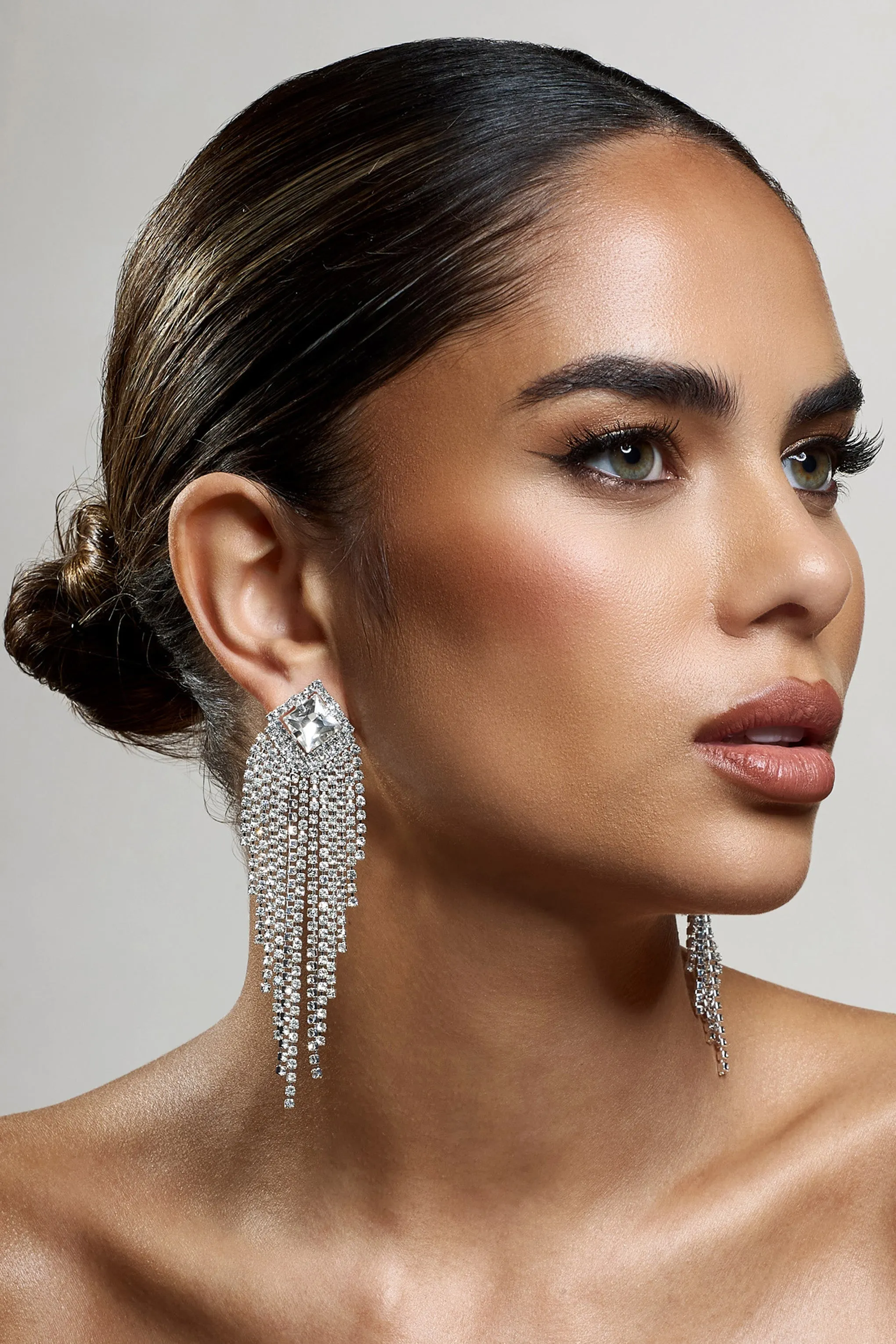 Focus | Silver Diamante Tassel Earrings sold by Club L London