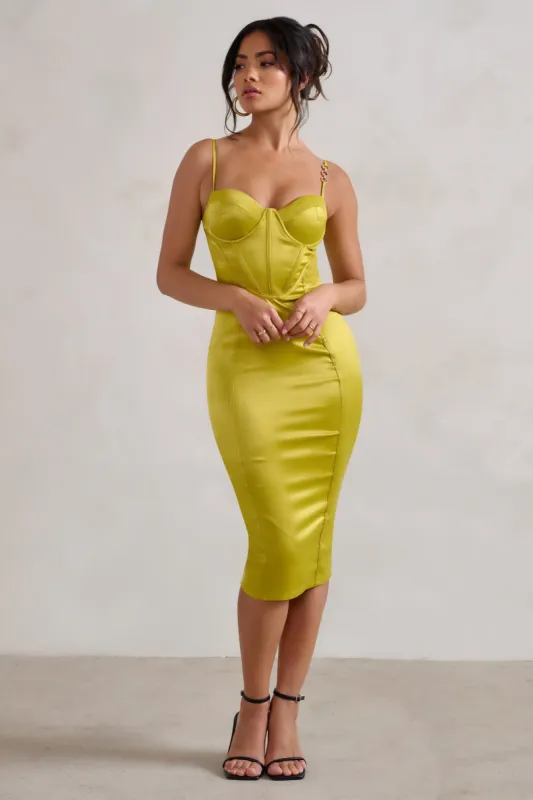 Camilla | Lime Satin Square Neck Corset Bodice Midi Dress sold by Club L London