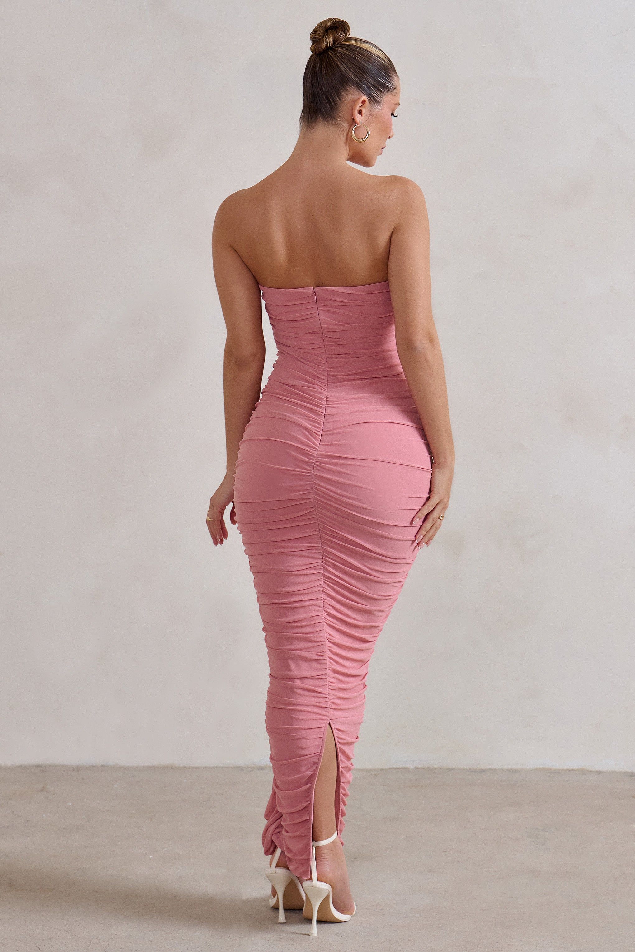 My Lady | Powder Pink Strapless Bodycon Ruched Mesh Maxi Dress sold by Club L London product image thumbnail 2
