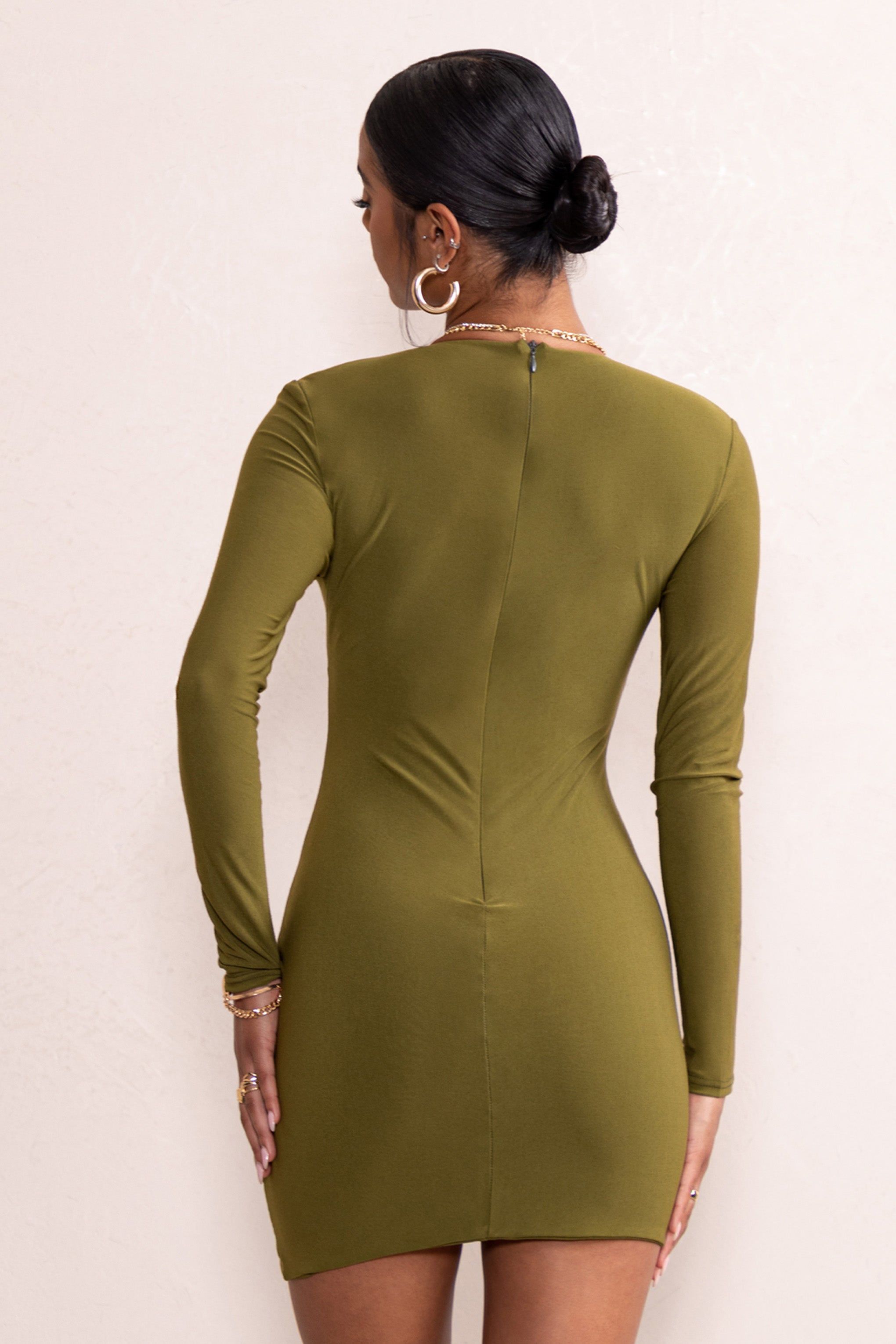 Elora | Khaki Long Sleeved Plunge Neck Ruched Side Mini Dress sold by Club L London product image thumbnail 2