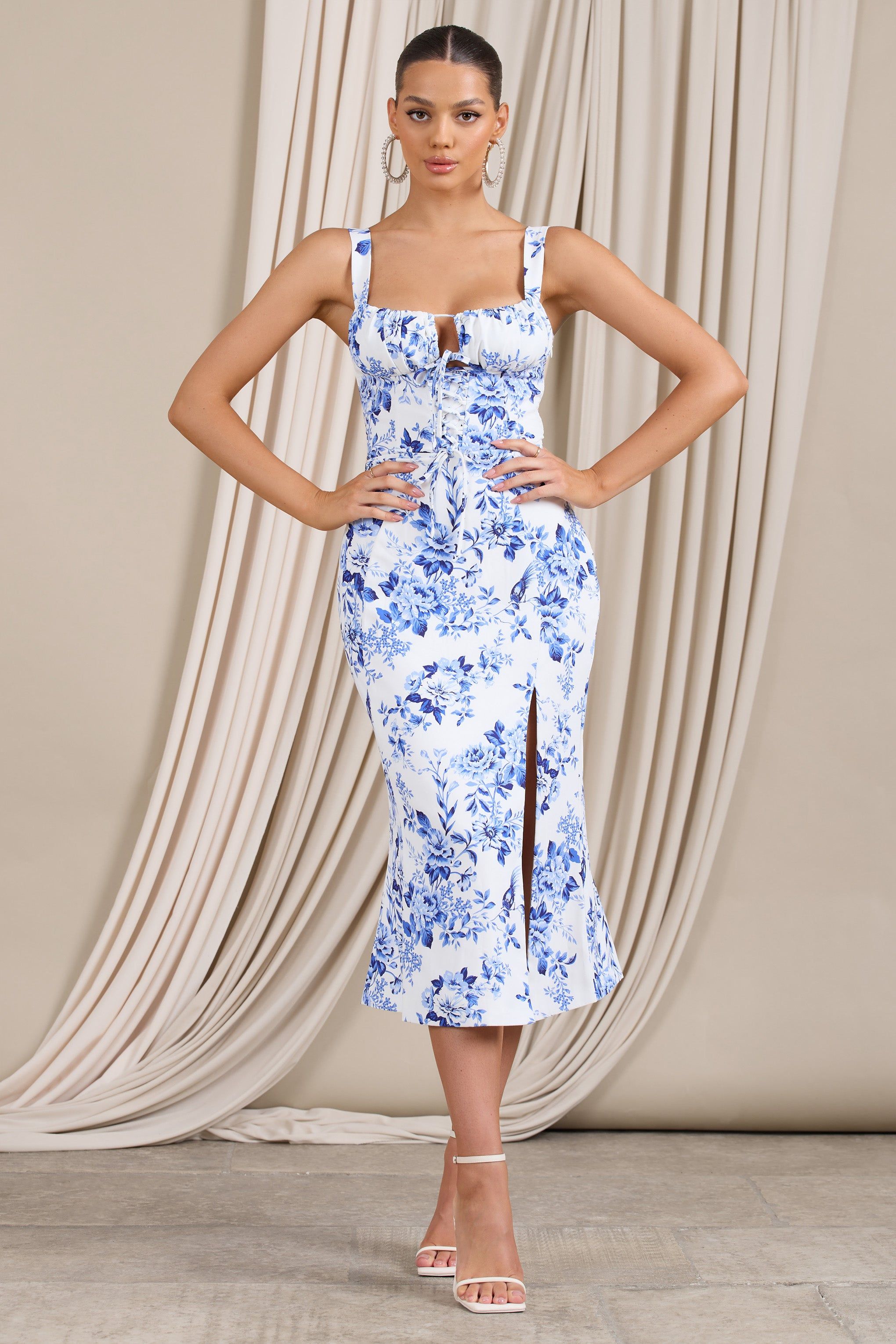 Corvina | Blue Floral Strappy Laced Corset Split Midi Dress sold by Club L London product image thumbnail 5
