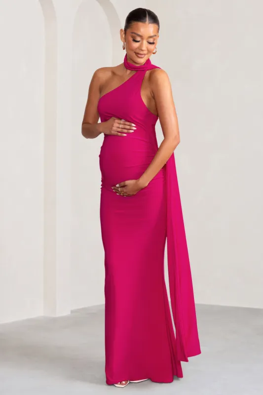 Alula | Hot Pink Maternity Asymmetric Maxi Dress with Cape Detailing made by Club L London