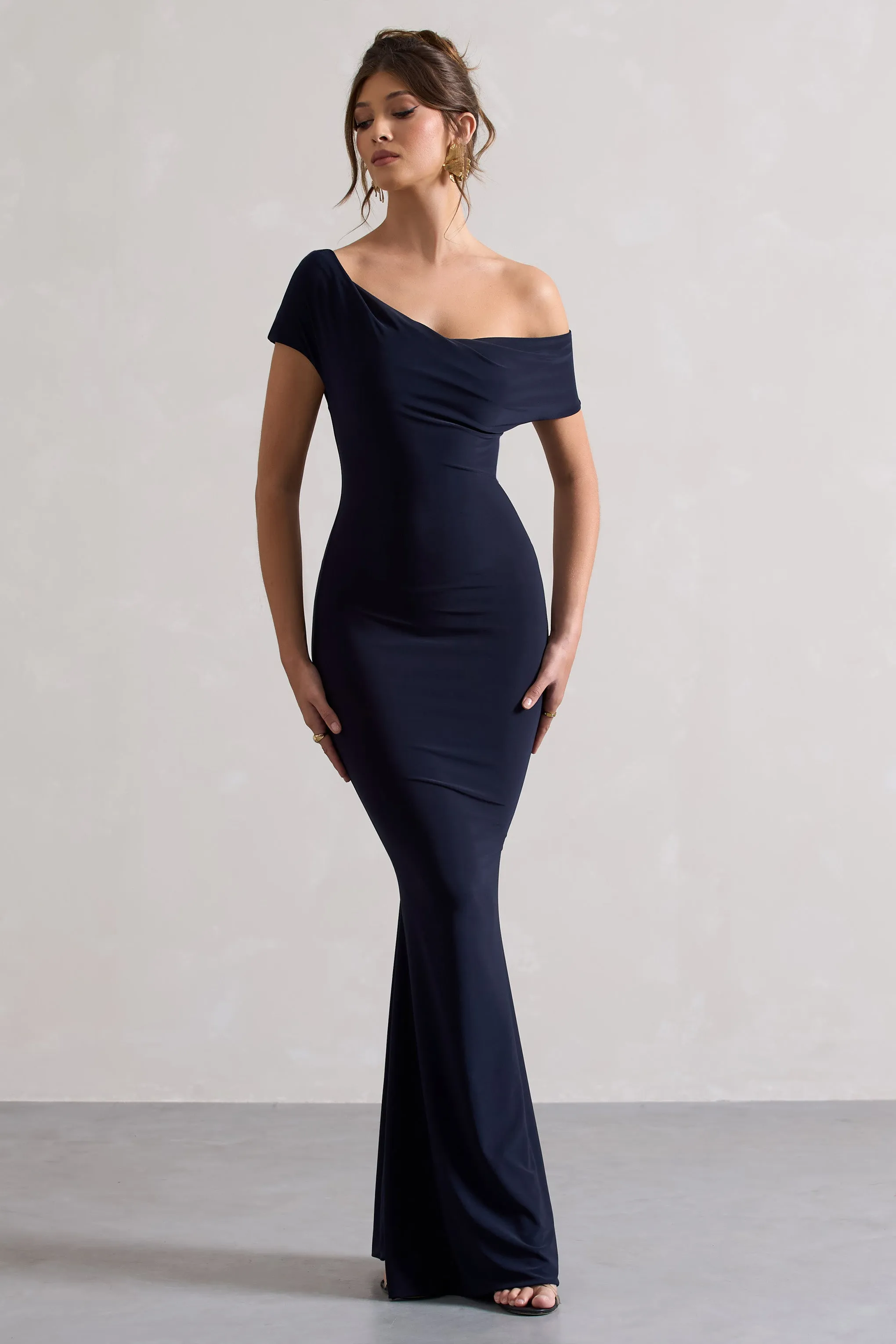 Avila | Navy Asymmetric Bardot Maxi Dress sold by Club L London product image thumbnail 5