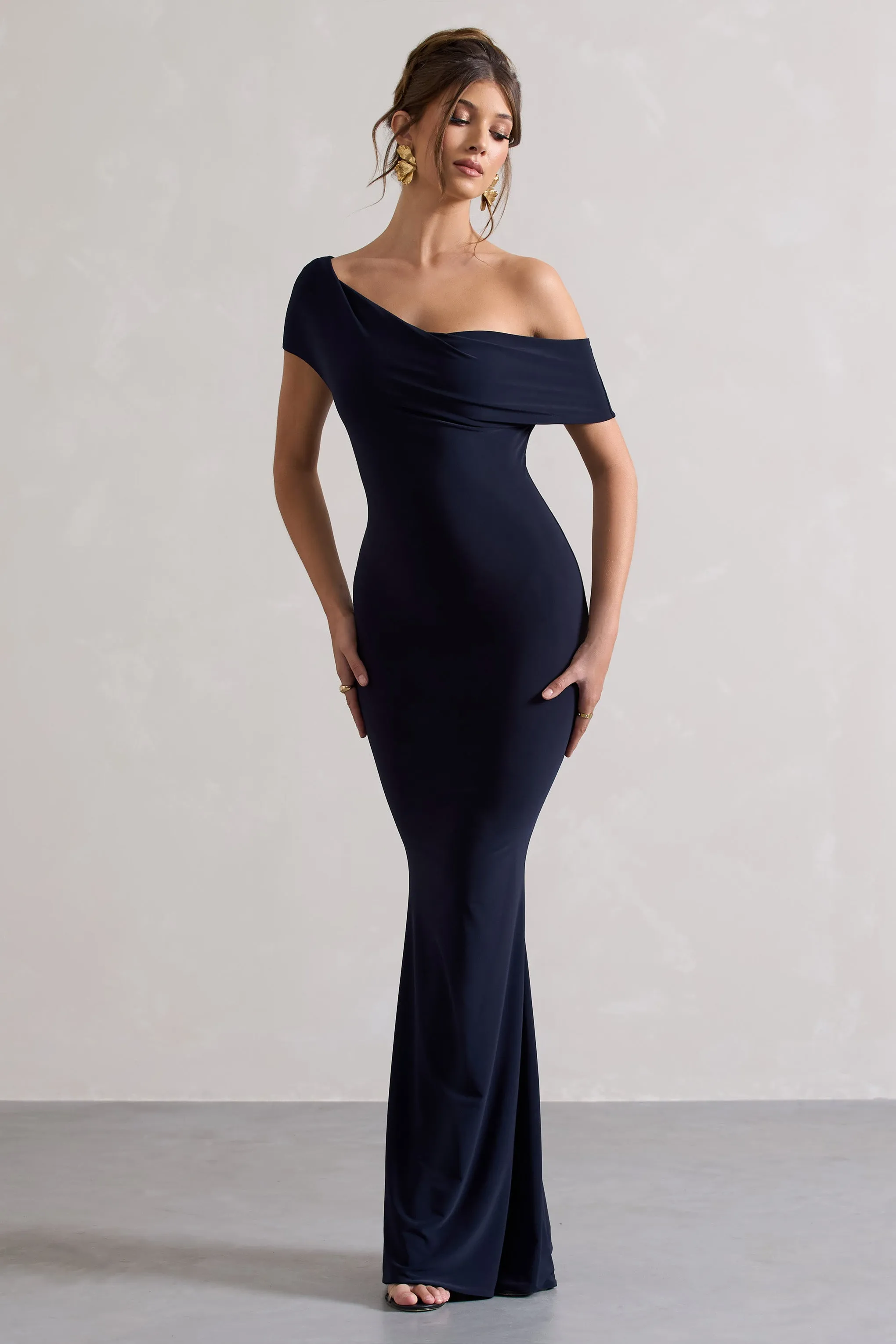 Avila | Navy Asymmetric Bardot Maxi Dress sold by Club L London product image thumbnail 4