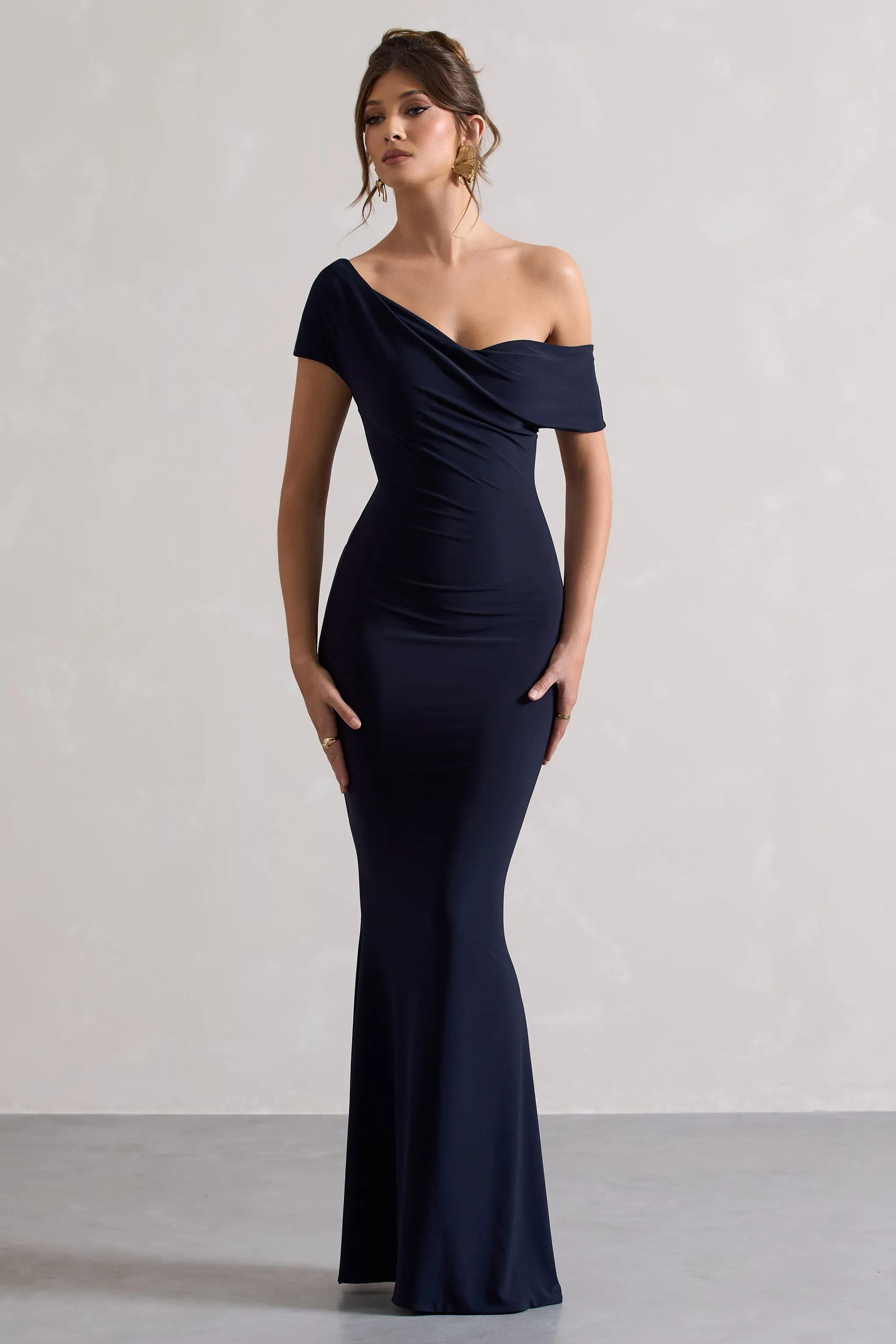 Avila | Navy Asymmetric Bardot Maxi Dress sold by Club L London