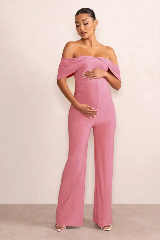Renata | Blush Pink Draped Sleeve Bardot Maternity Jumpsuit sold by Club L London