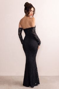 Aniyah | Black Lace Bardot Corset Fishtail Maxi Dress With Sheer Lace Sleeves sold by Club L London