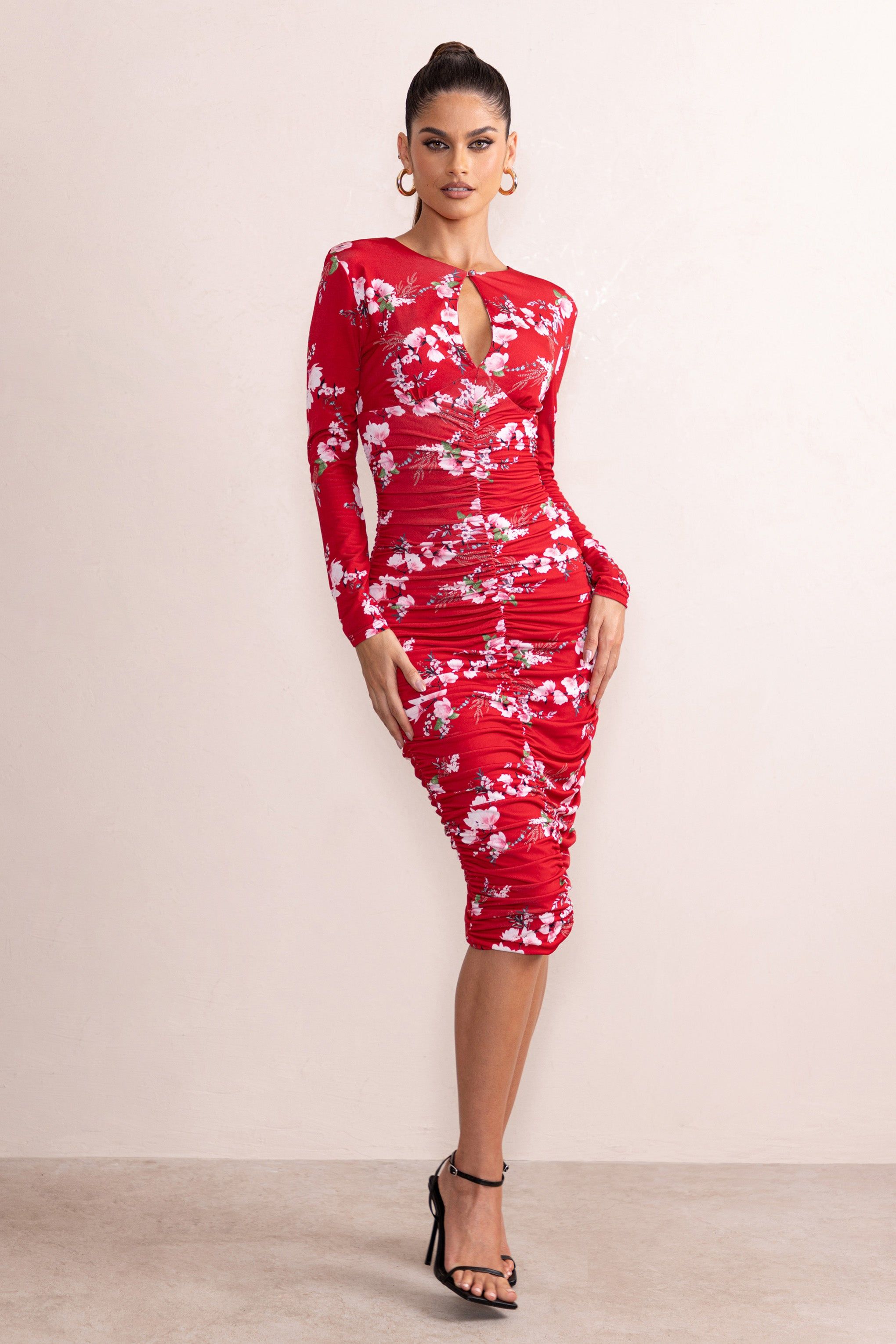 Sia | Red Floral Print High Neck Ruched Midi Dress With Keyhole Detail sold by Club L London