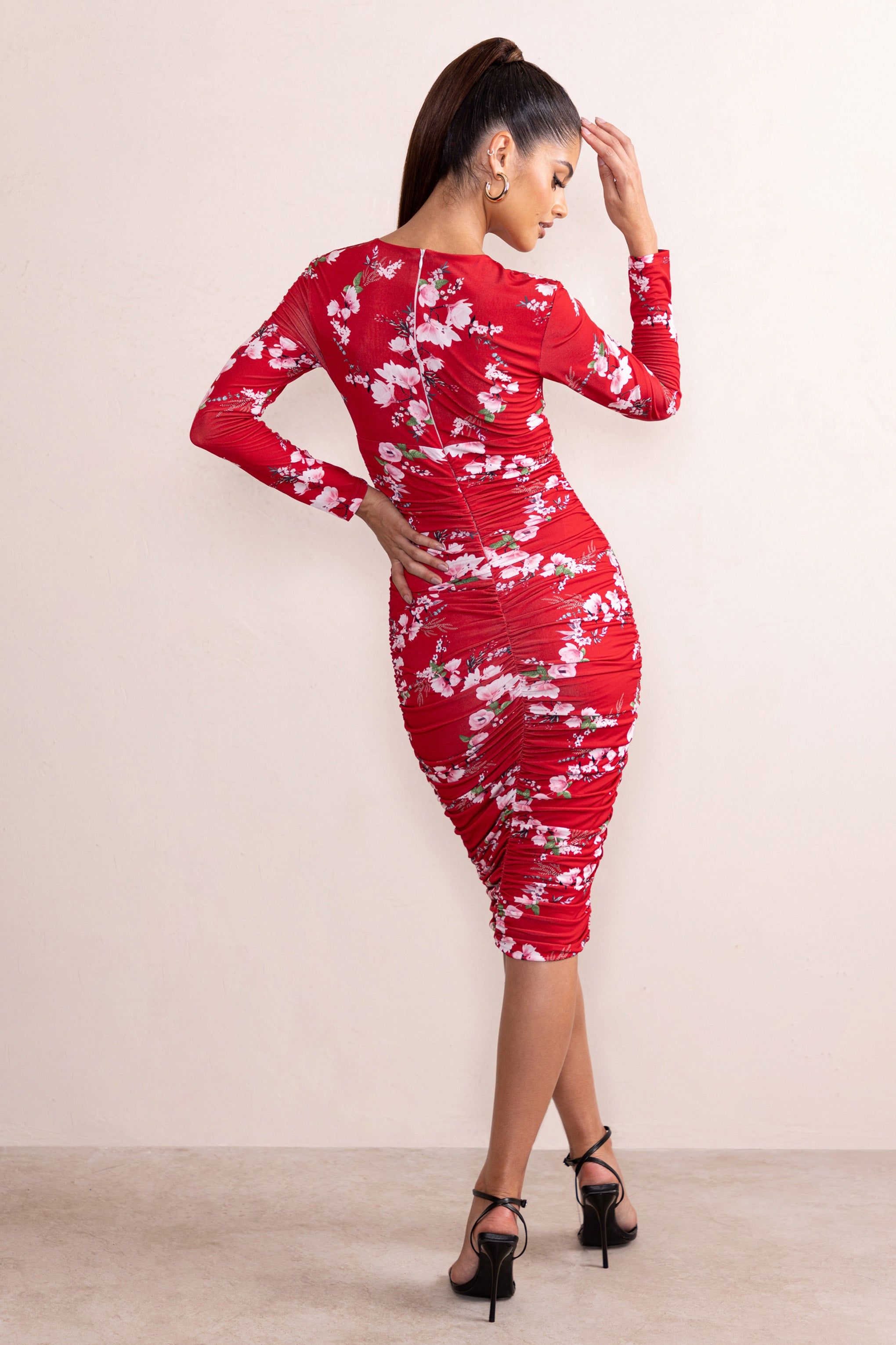 Sia | Red Floral Print High Neck Ruched Midi Dress With Keyhole Detail sold by Club L London product image thumbnail 2