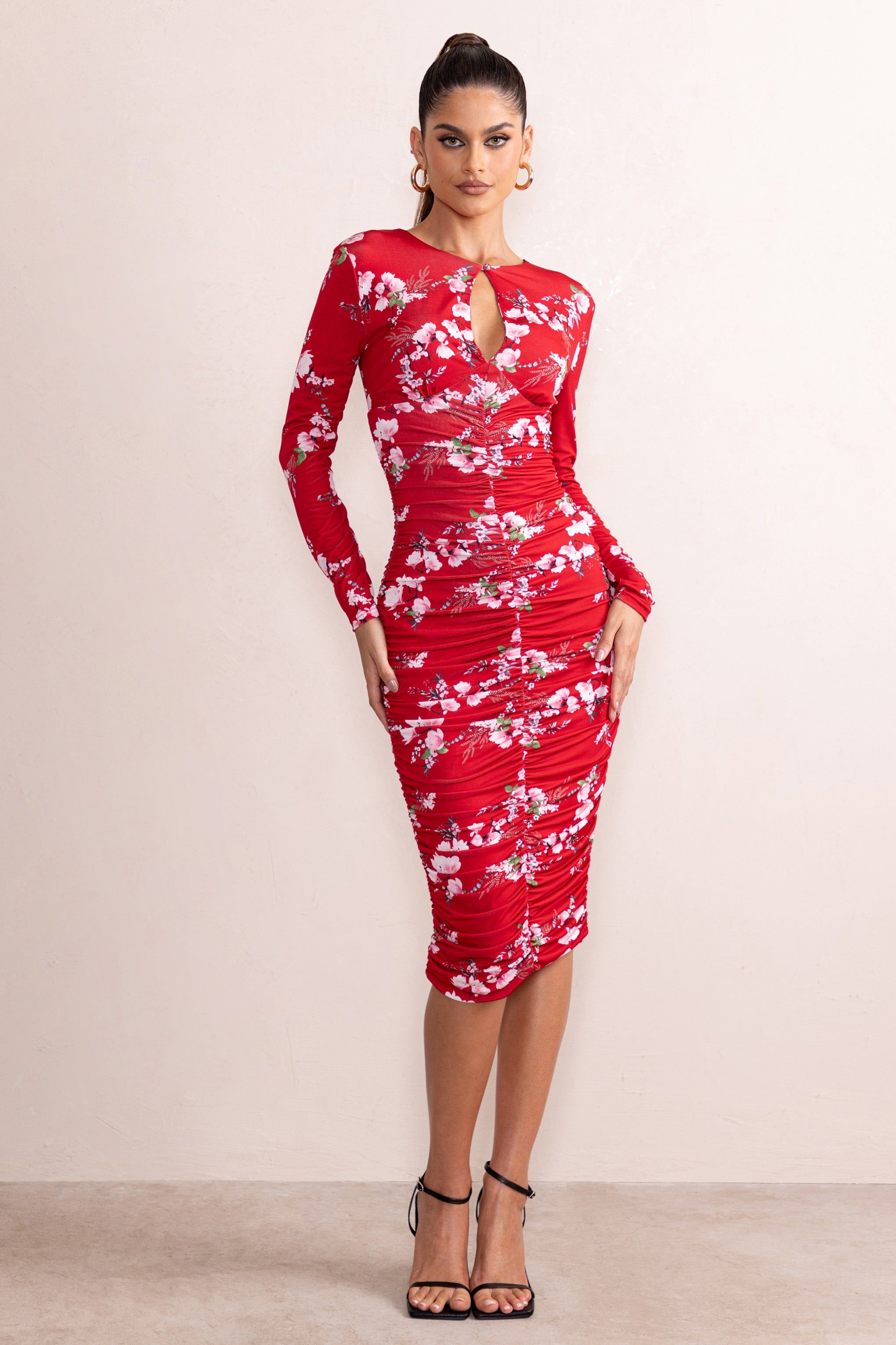 Sia | Red Floral Print High Neck Ruched Midi Dress With Keyhole Detail sold by Club L London product image thumbnail 4