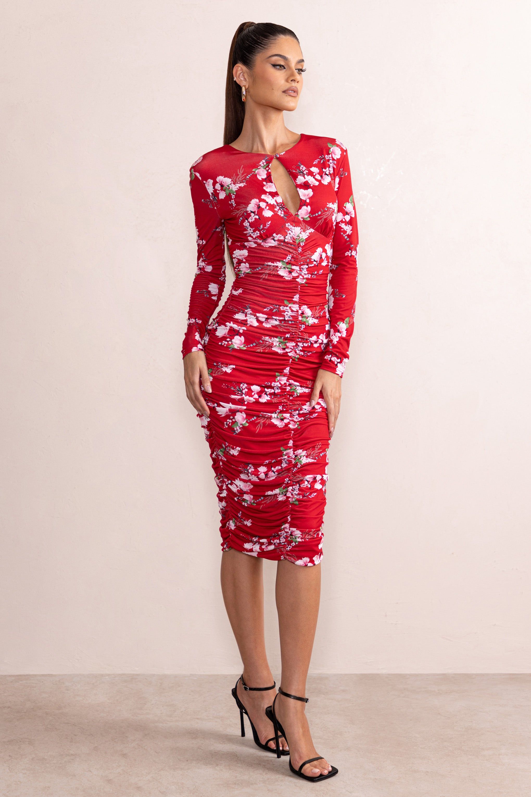 Sia | Red Floral Print High Neck Ruched Midi Dress With Keyhole Detail sold by Club L London product image thumbnail 3