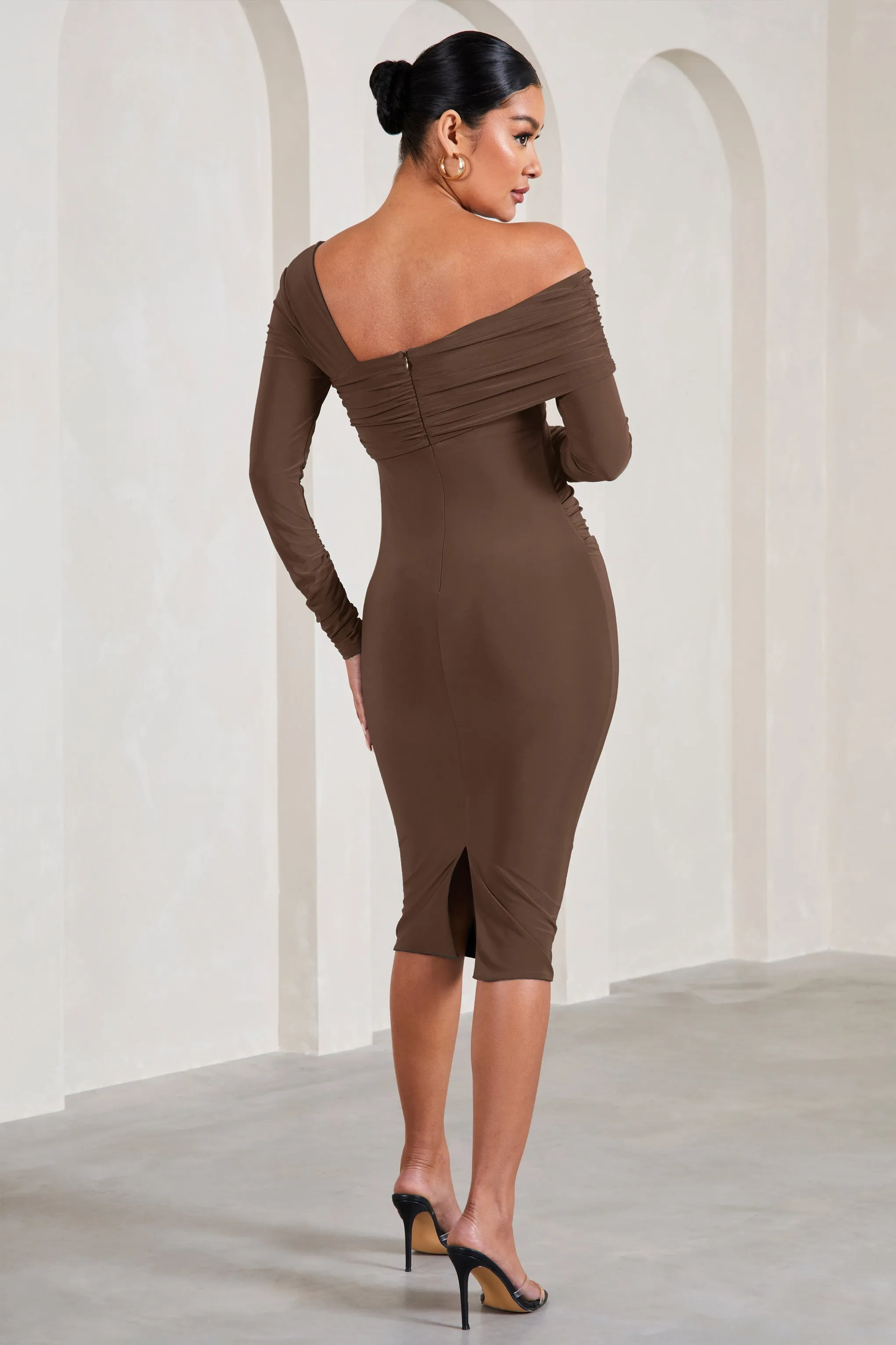 Heartbeat | Chocolate One-Shoulder Long-Sleeved Maternity Midi Dress sold by Club L London product image thumbnail 2