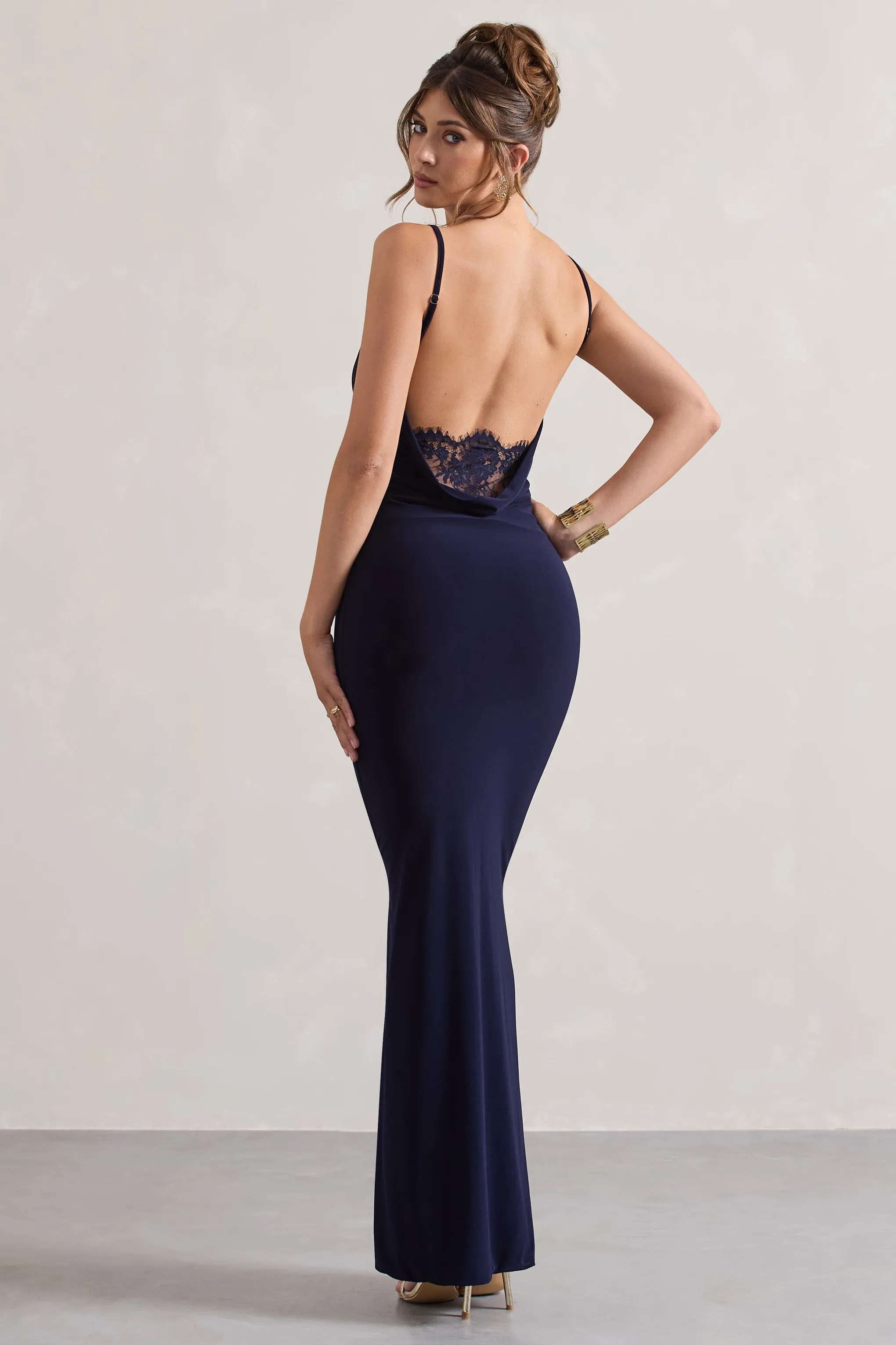 Francoise | Navy Cowl Neck Backless Maxi Dress With Lace Insert sold by Club L London