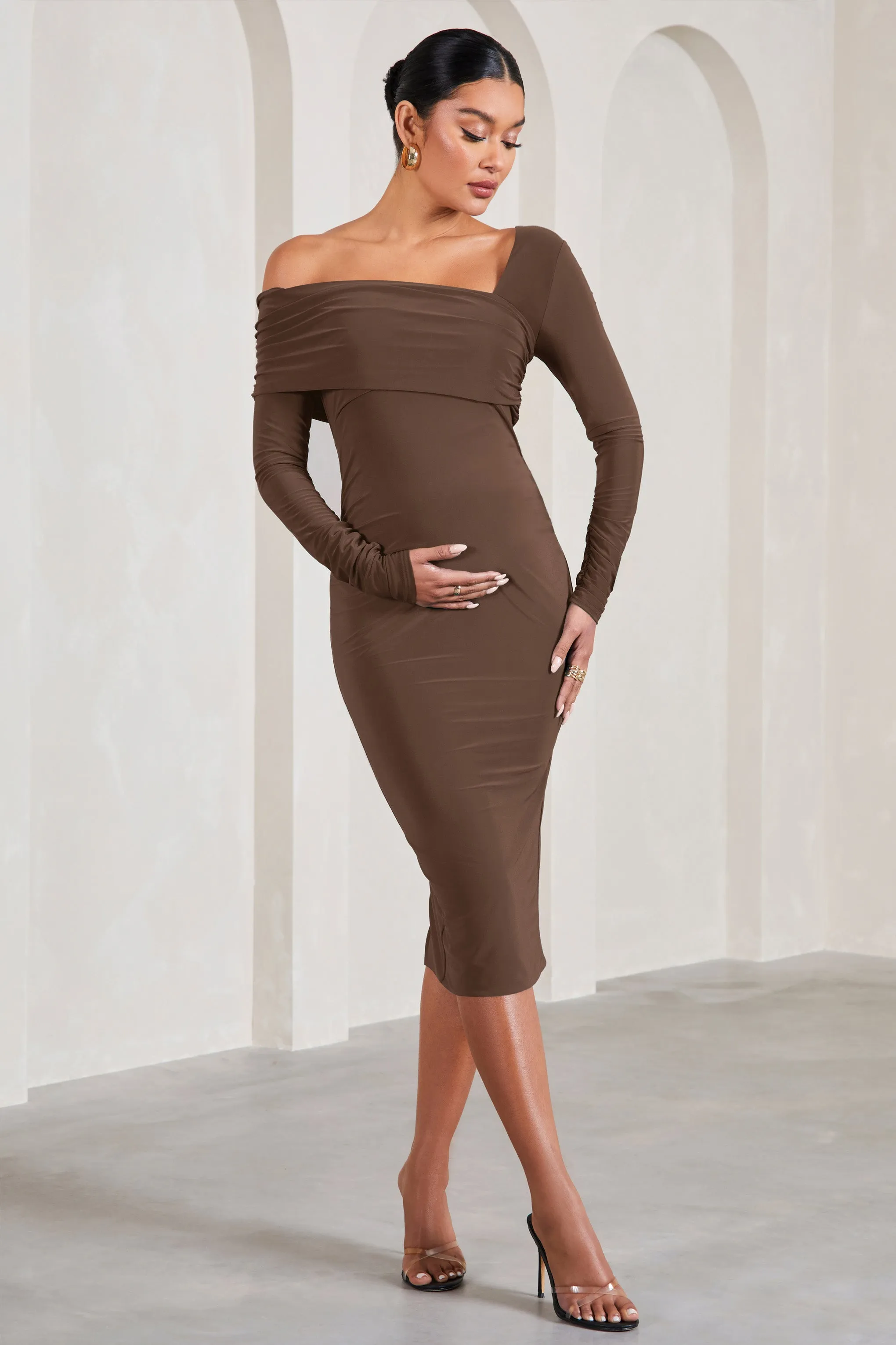 Heartbeat | Chocolate One-Shoulder Long-Sleeved Maternity Midi Dress sold by Club L London