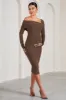 Heartbeat | Chocolate One-Shoulder Long-Sleeved Maternity Midi Dress sold by Club L London