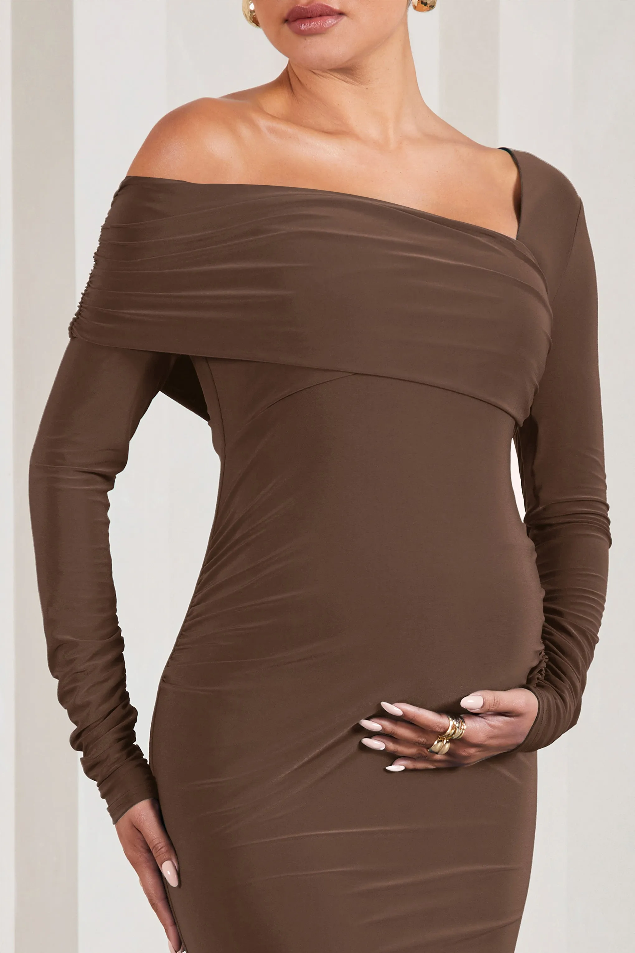 Heartbeat | Chocolate One-Shoulder Long-Sleeved Maternity Midi Dress sold by Club L London product image thumbnail 4