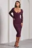 Between The Lines | Plum Ruched Mesh Long-Sleeved Bodycon Midi Dress sold by Club L London